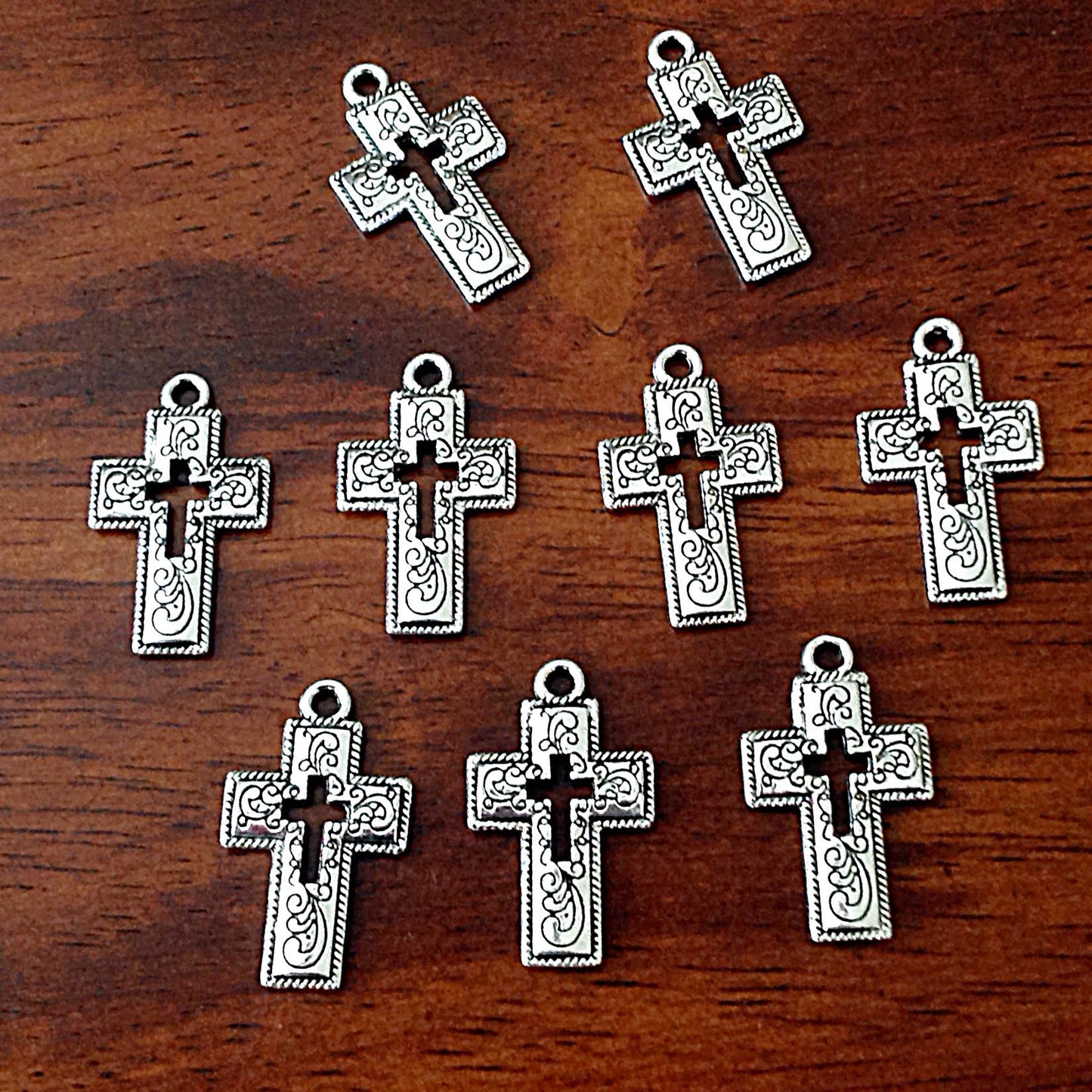 25pcs Cross Charms, Antique Silver Charms, Inside Cross, Hollow Cross, Fancy Cross Charms, Silver Cross Charms, Double Sided Cross, Findings