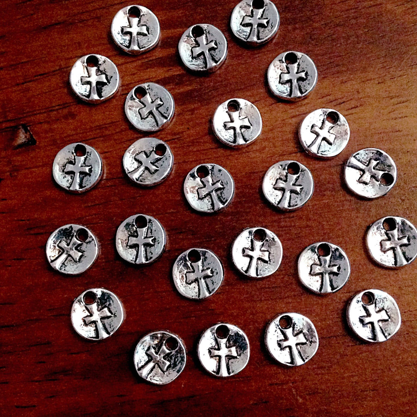 30pcs, Silver Cross Charm, Round Cross Charms, Hammered Cross Charms, Tiny Cross Charms, Double Sided Cross, Coin Cross Charms, Findings