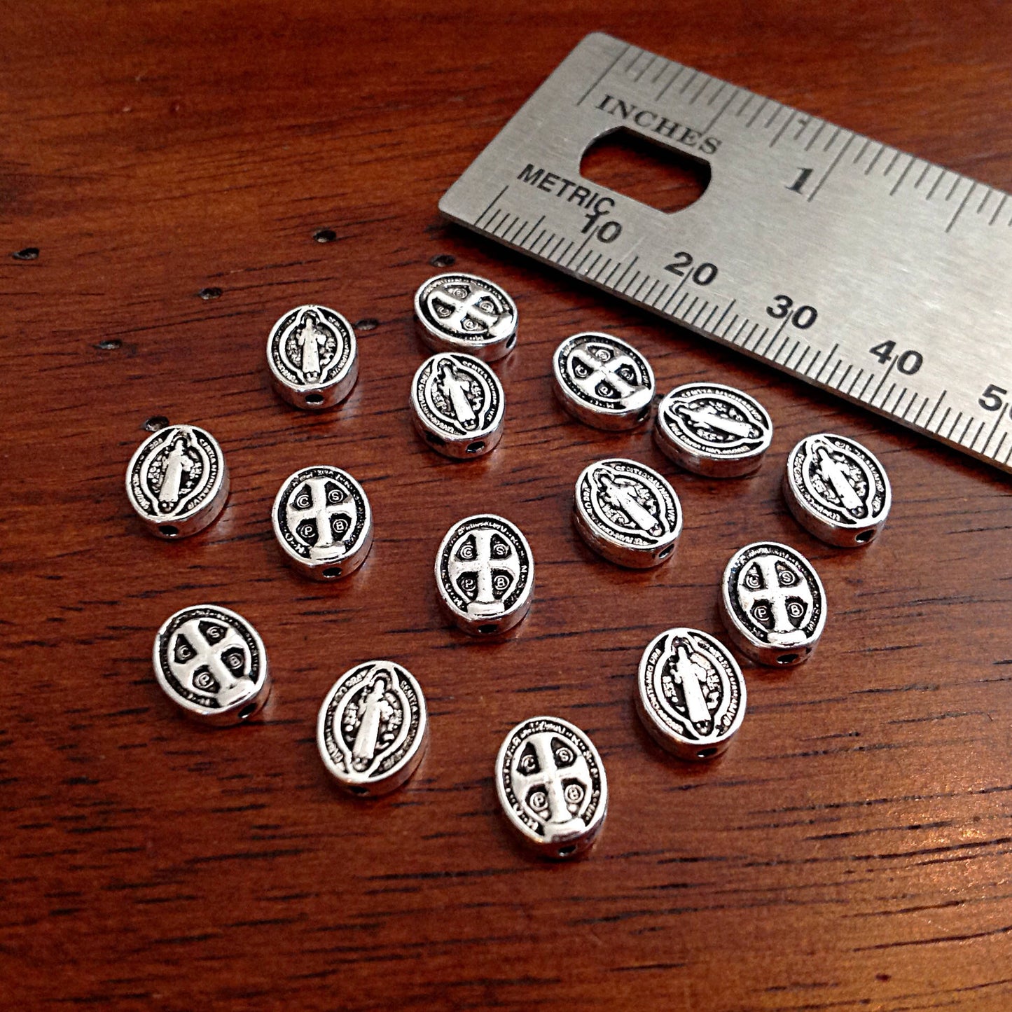 40 Saint Benedict Spacer Beads, Flat Oval Shaped Saint Benedict Spacer Charms, Devil Chasing Medal, Protection Against Evil Amulet, Findings