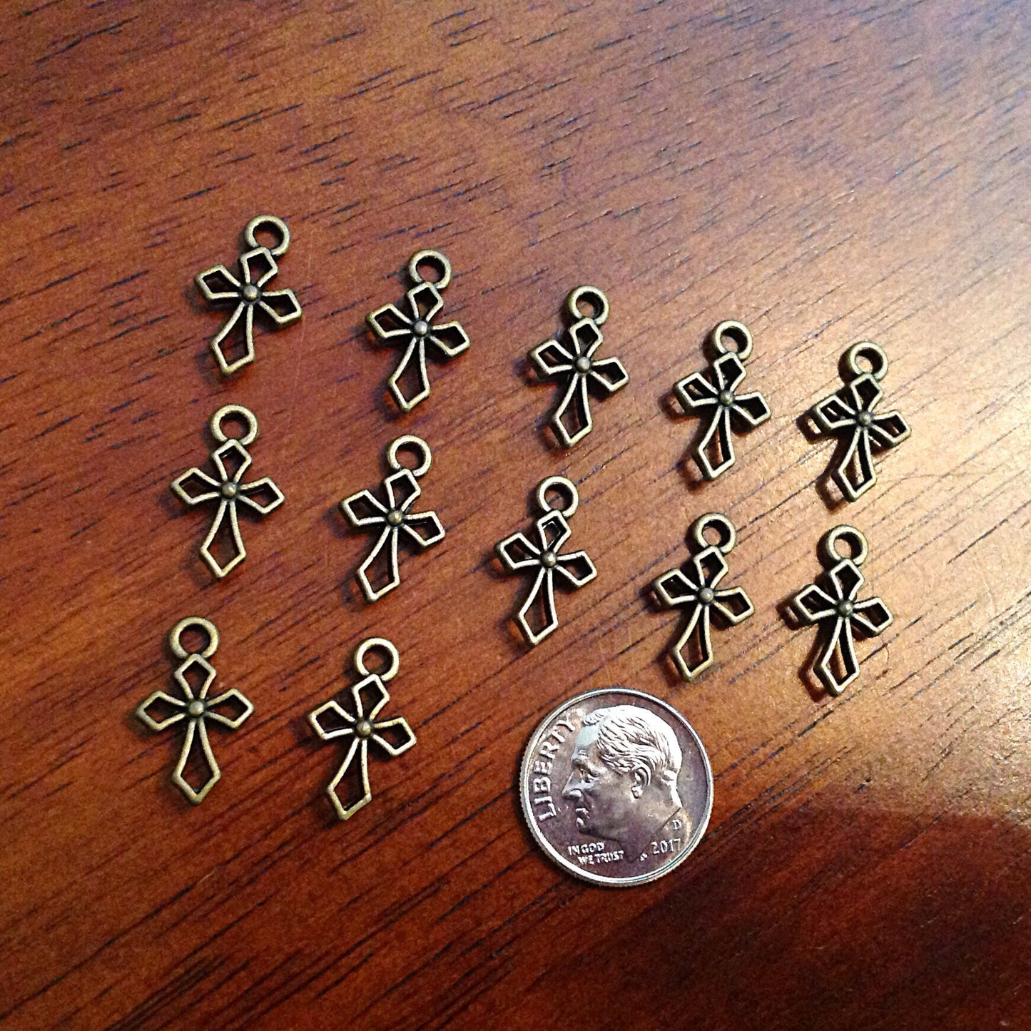 25pcs, Tiny Cross Charms, Bronze Cross Charms, Fancy Cross Charms, Inside Cross, Double Sided Cross, Findings and Jewelry Supplies
