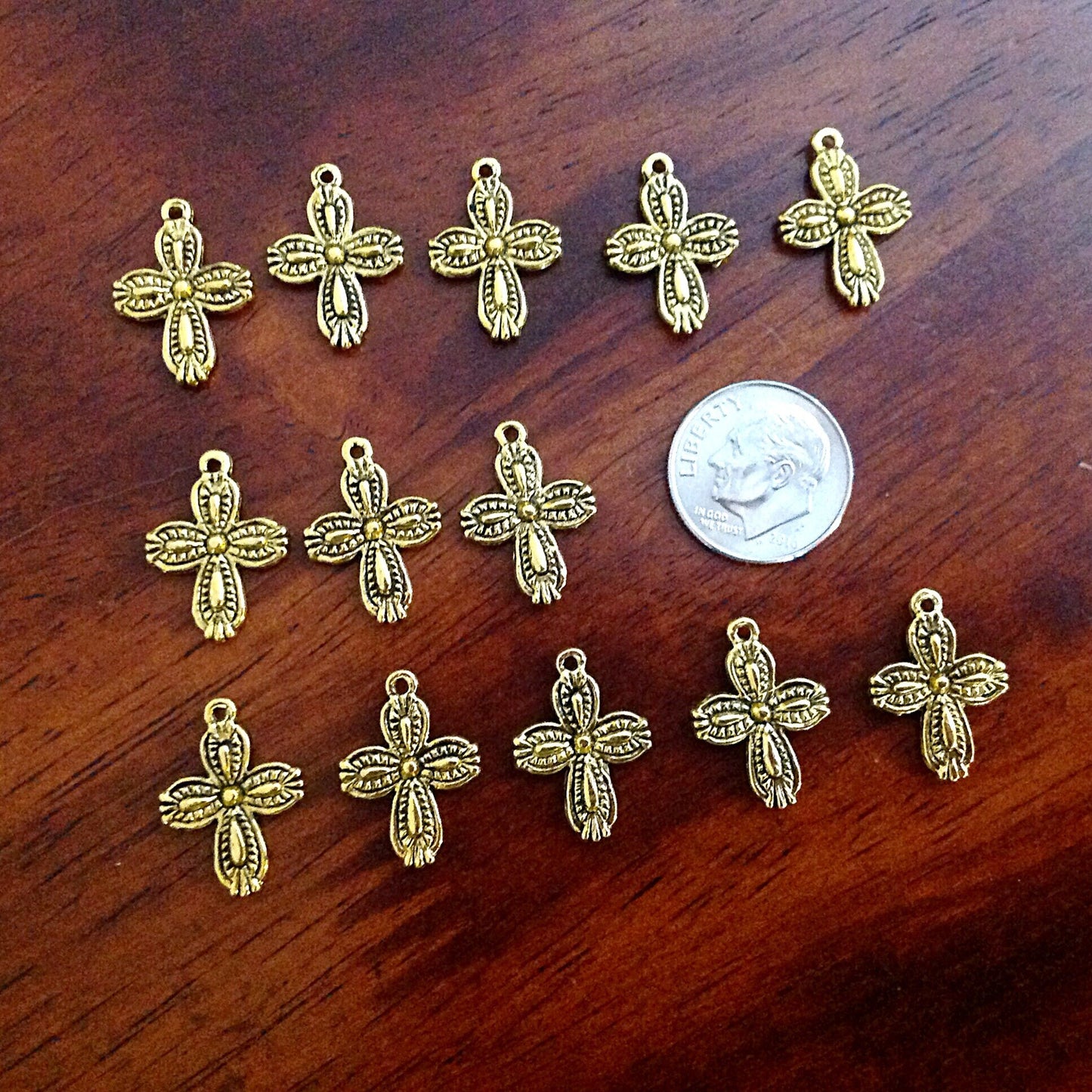 Bulk 40pcs Gold Cross Charms, Antique Gold Charms, Cross Pendants, Fancy Gold Cross Charms, 2-Sided Cross Charms, Tiny Cross, Findings