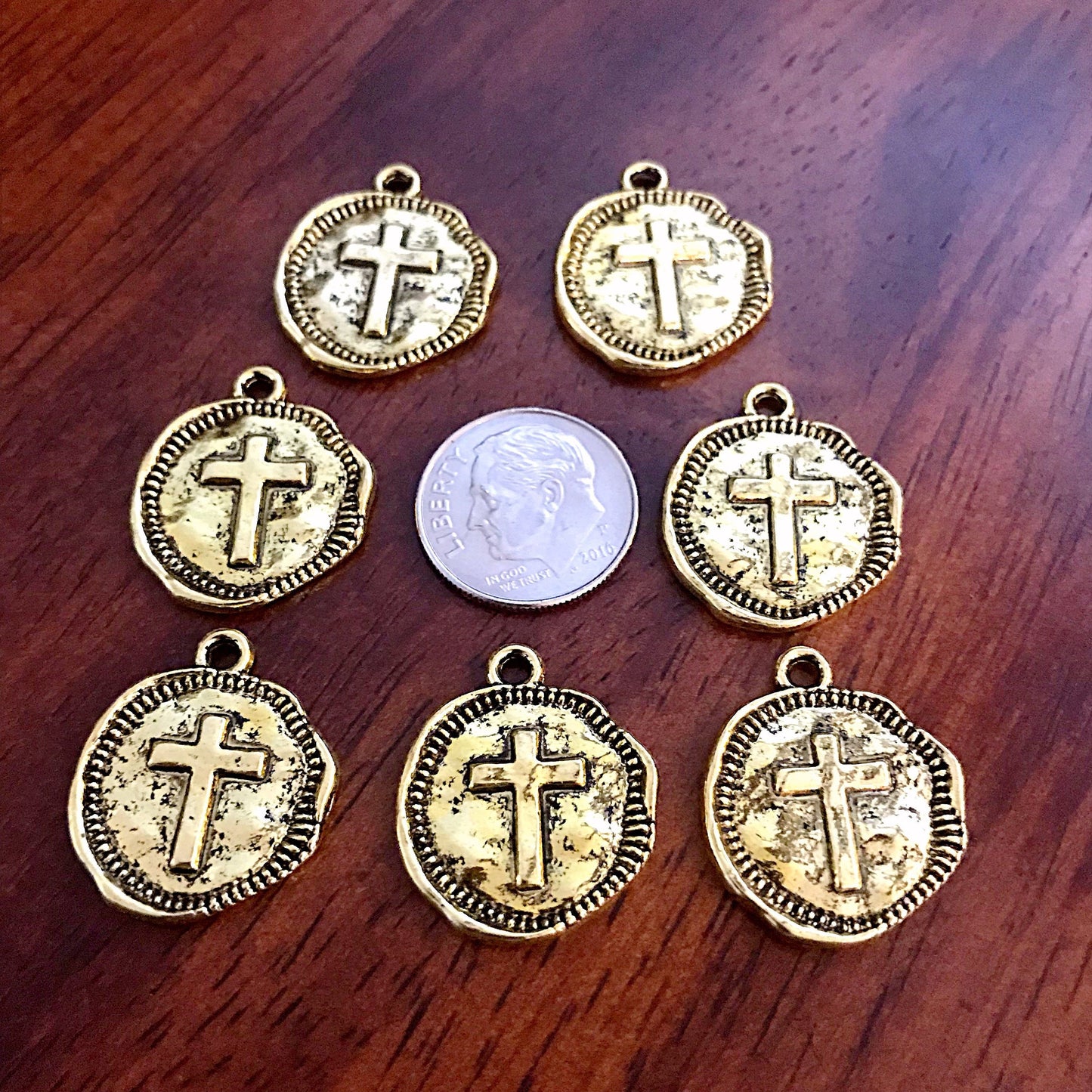 40pcs, Hammered Cross Charms, Gold Tone Cross Charms, Round Disc Cross Charms, Hammered Cross Pendants, Inside Cross Charms, Findings