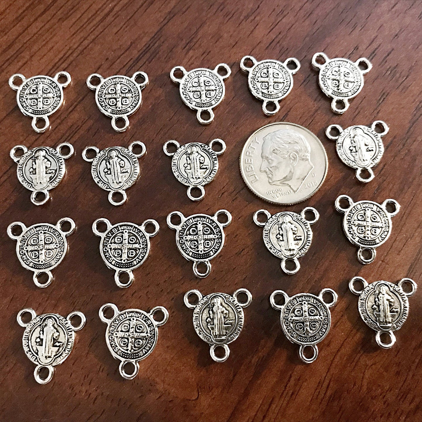 13mm, 25pcs, St Benedict Connector Charms, 3 Loop Connectors, St Benedict Charms, Rosary Centers, Small Saint Benedict Connector Medals