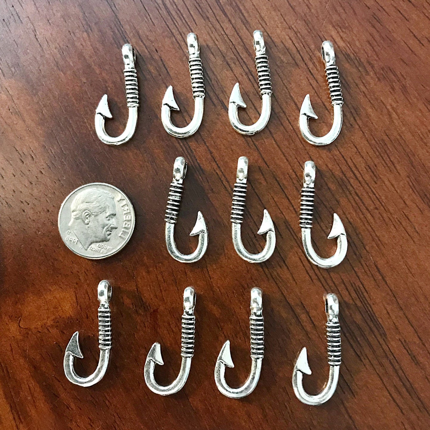 12pcs, Fish Hook Charms, Fishhook Charms, Antique Silver Charms, Fishing Charms, Fishing Hook Pendants, Findings, DIY Jewelry Supplies