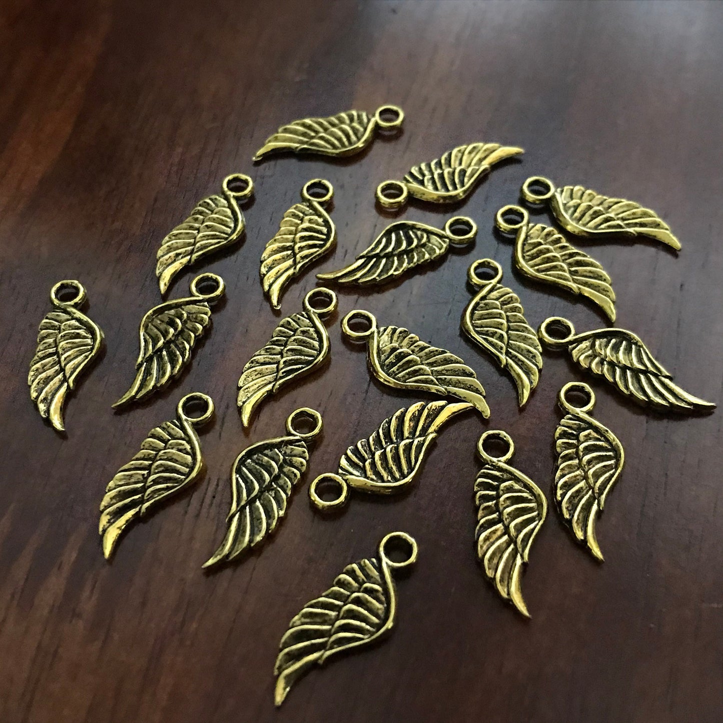 50 Feather Charms, Angel Wing Charms, Antique Gold Wings, Double Sided Feather Charms, Gold Feather Charms, Findings