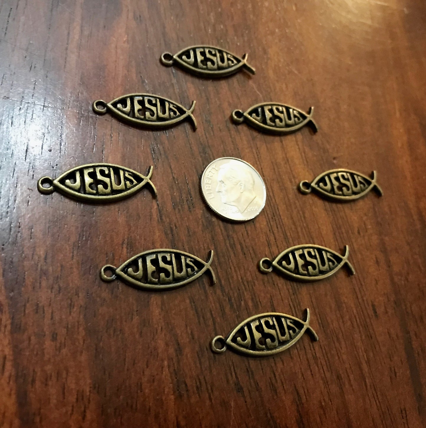 12 Jesus Charms, Antique Bronze Fish Charms, Christian Charms, Finding, Bronze Pendants, Craft Supplies, Jewelry Making Supplies