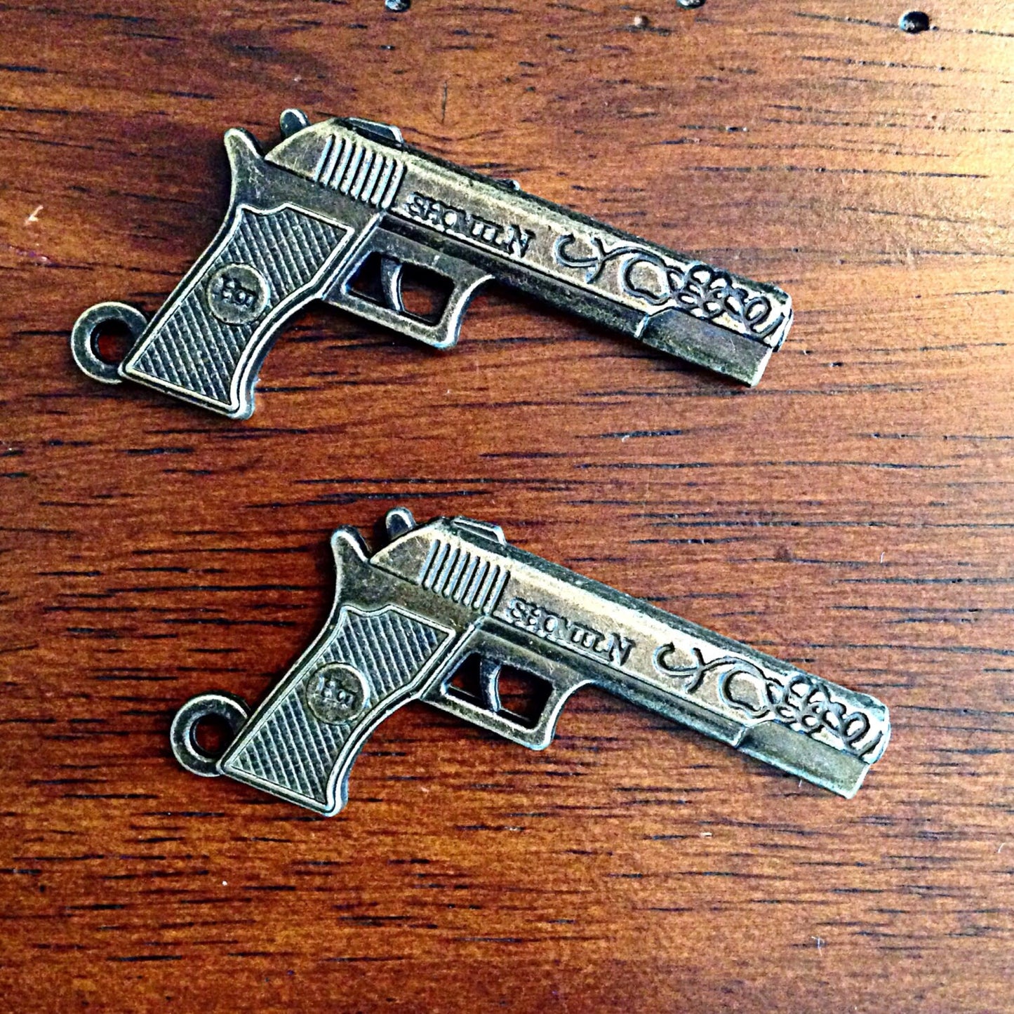 3 Large Gun Charms, Antique Bronze Charms, Hand Gun Charm, 3D Pistol Charm, Rifle Charm, Gun Pendants, Jewelry and Craft Supplies, Findings