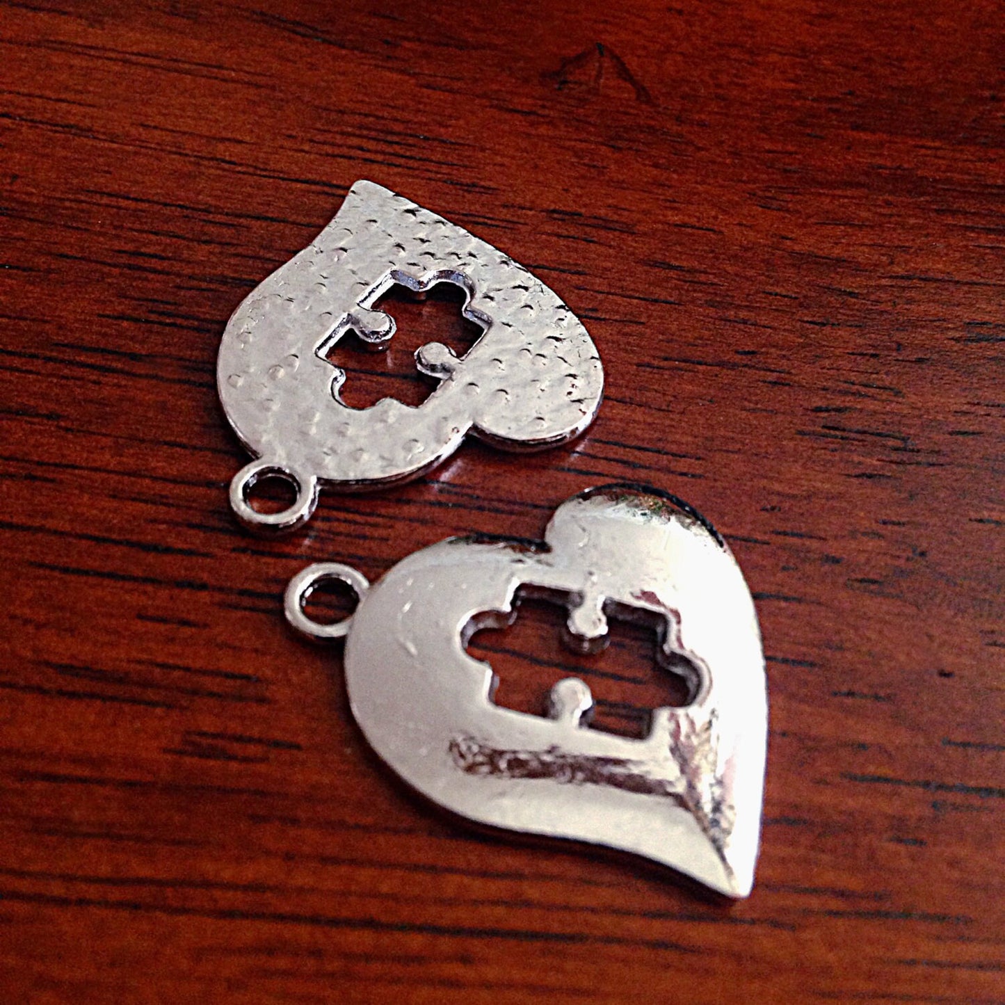 8 Autism Charms, Antique Silver Heart Charms, Autism Charm, Puzzle Charms, Double Sided Heart Charm, Craft and Jewelry Supplies, Findings