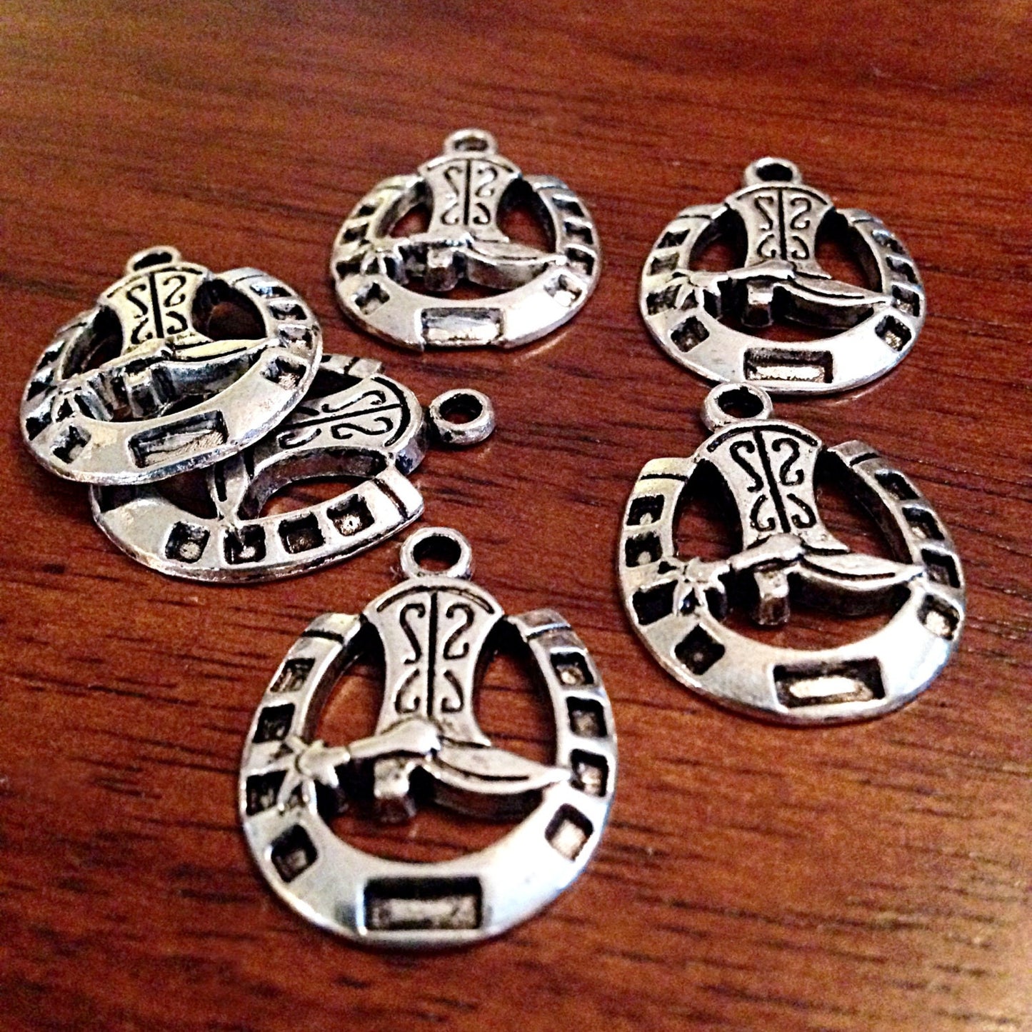 8 Horseshoe Charms, Antique Silver Charms, Horseshoe Pendants, Boot Charms, Western Charms, Horseshoe, Craft and Jewelry Supplies, Findings