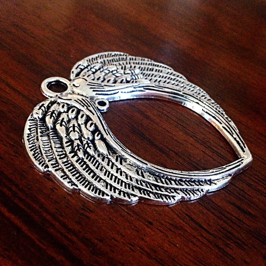 5 Large Angel Wing Pendants, Silver Wings Pendants, Wing Connector Charms, Angel Wing Charms, Angel Wing Connector Pendants, Findngs