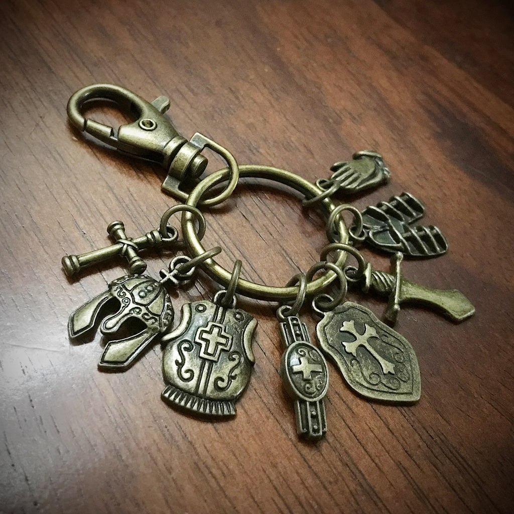 Armor of God Keychain, Armor of God Zipper Pull, Armor of God Purse Pull, Full Armor of God Charms on Keyring with Latch Hook (Copy)