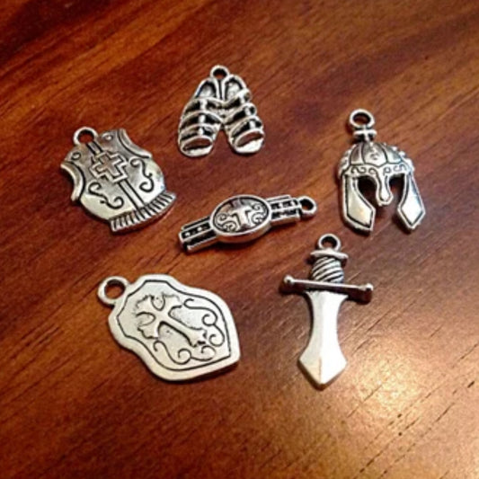 10 Sets of Armor of God Charms, Antique Silver Armor of God Charm Sets, Full Armor of God Charm Sets, 10 Belts 10 Shields, 10 Breastplates, 10 Helmets, 10 Sword, 10 Shoes