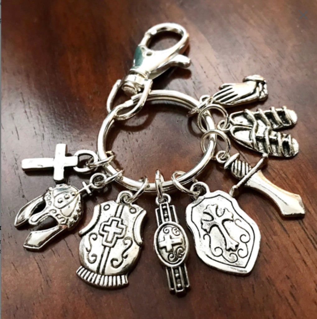 Armor of God Keychain, Armor of God Zipper Pull, Armor of God Purse Pull, Full Armor of God Charms on Keyring with Latch Hook