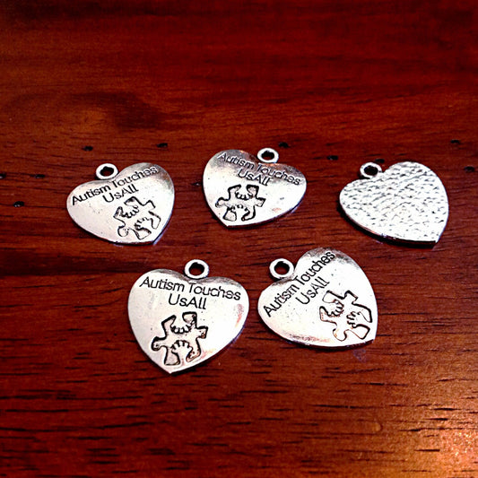 8 Autism Charms, Antique Silver Heart Charms, Autism Charm, Puzzle Charms, Double Sided Heart Charm, Craft and Jewelry Supplies, Findings