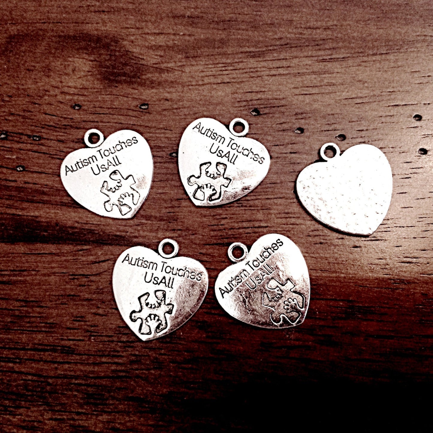 8 Autism Charms, Antique Silver Heart Charms, Autism Charm, Puzzle Charms, Double Sided Heart Charm, Craft and Jewelry Supplies, Findings