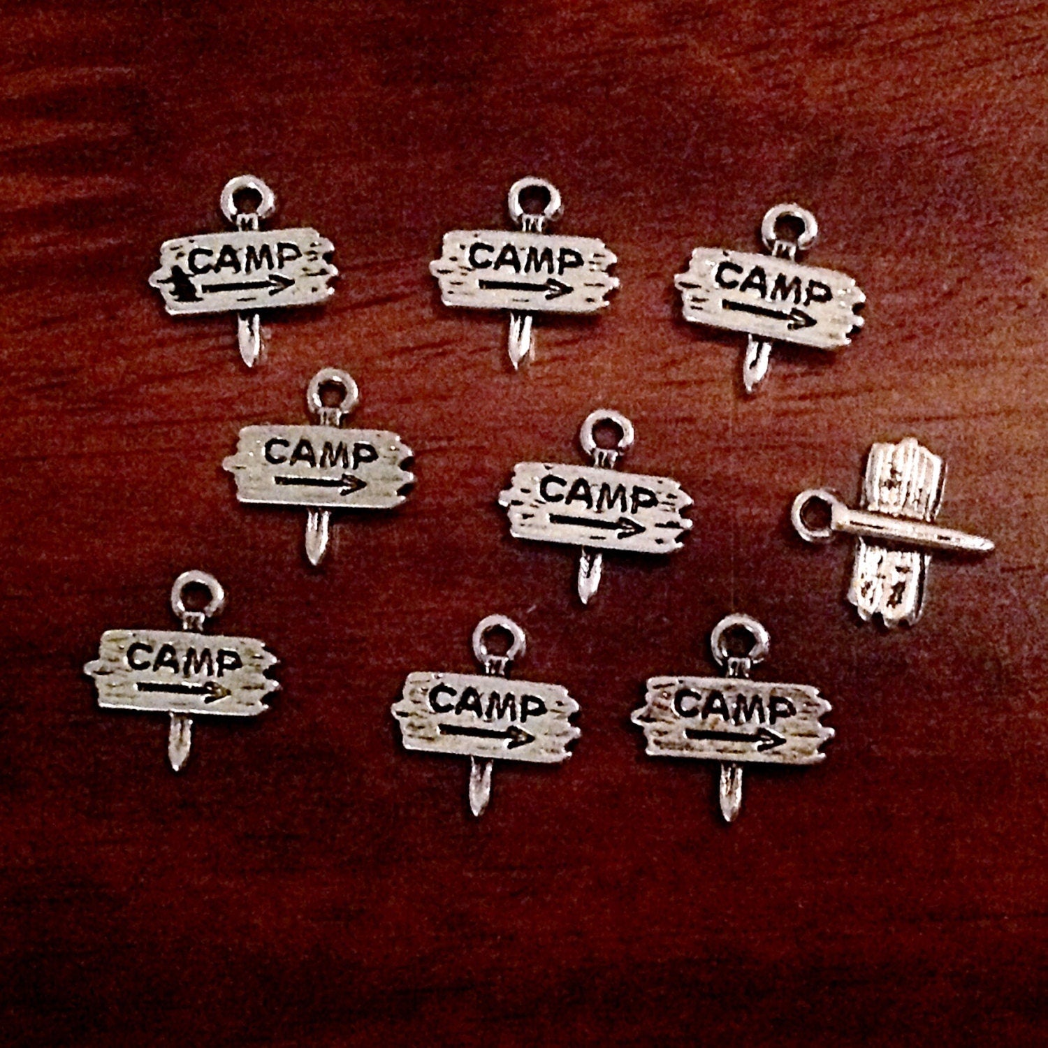 Bulk 25 Camp Charms, Antique Silver Charms, Small Camp Charms, Camp Sign Charms, Camping Charms, Craft and Jewelry Supplies, Findings