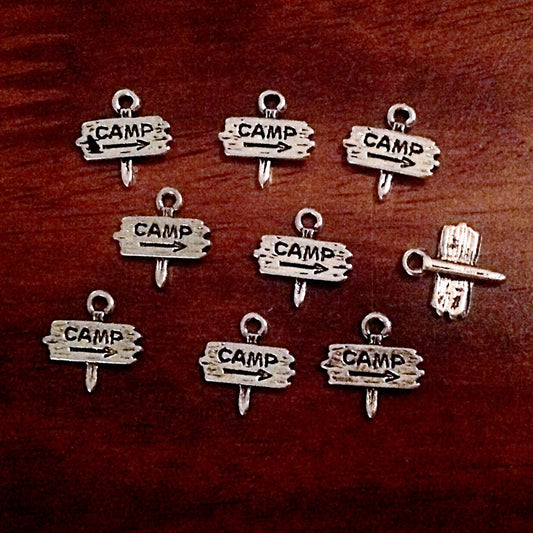Bulk 25 Camp Charms, Antique Silver Charms, Small Camp Charms, Camp Sign Charms, Camping Charms, Craft and Jewelry Supplies, Findings