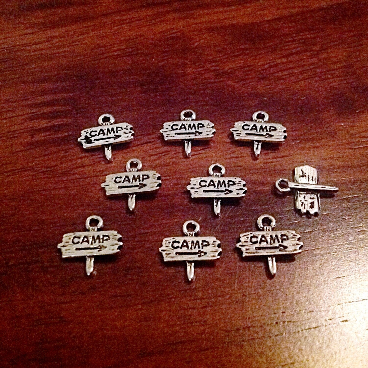 Bulk 25 Camp Charms, Antique Silver Charms, Small Camp Charms, Camp Sign Charms, Camping Charms, Craft and Jewelry Supplies, Findings