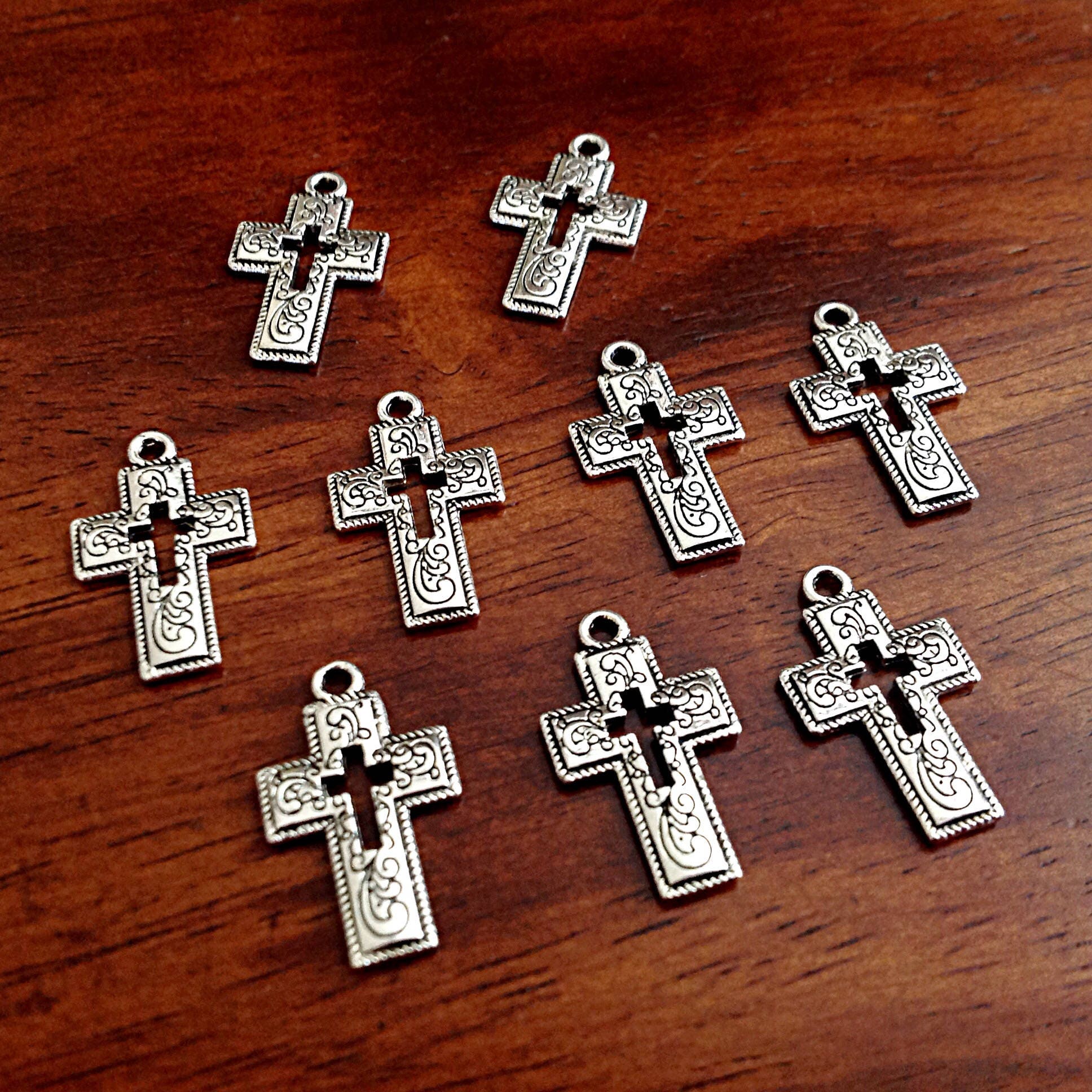 25pcs Cross Charms, Antique Silver Charms, Inside Cross, Hollow Cross, Fancy Cross Charms, Silver Cross Charms, Double Sided Cross, Findings