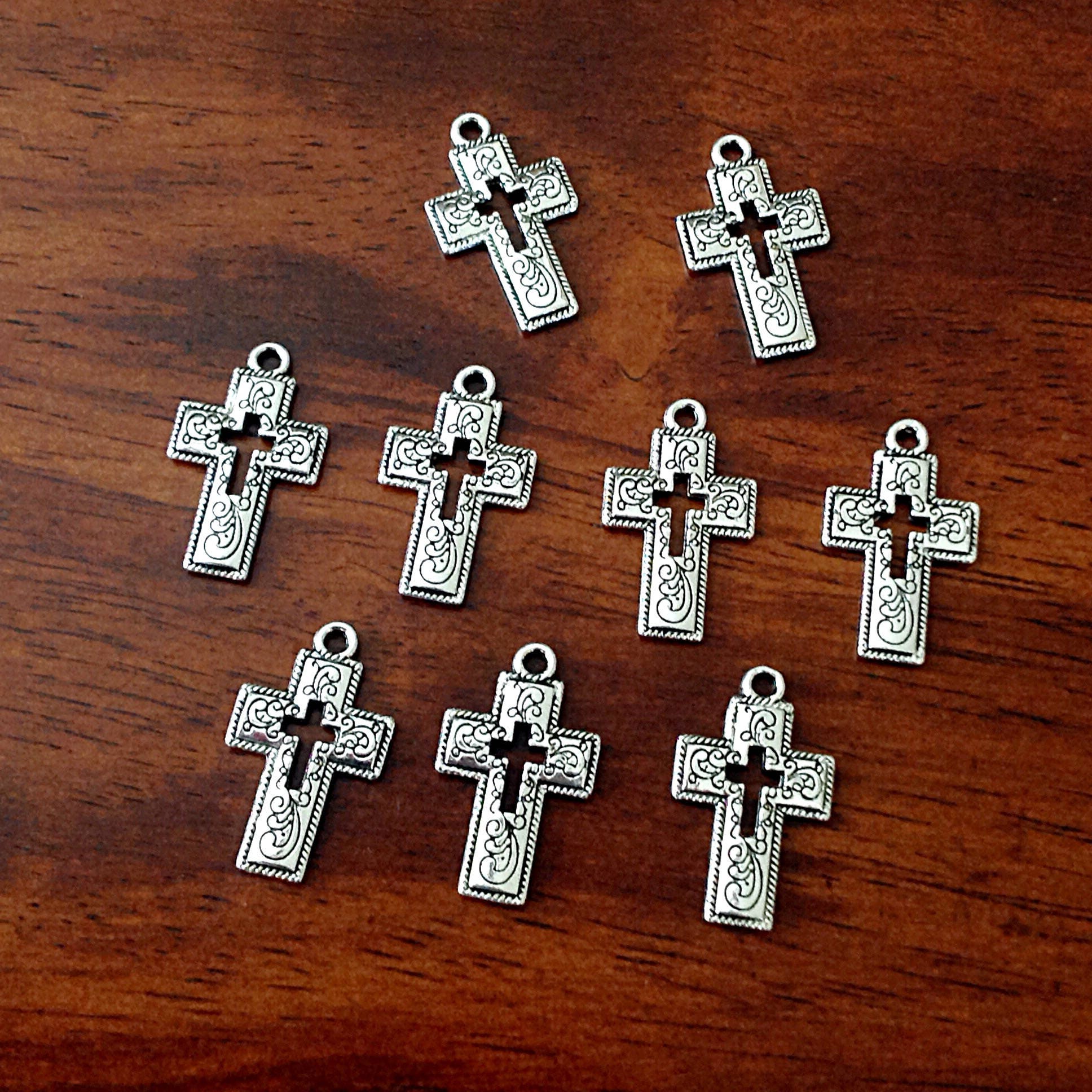 25pcs Cross Charms, Antique Silver Charms, Inside Cross, Hollow Cross, Fancy Cross Charms, Silver Cross Charms, Double Sided Cross, Findings
