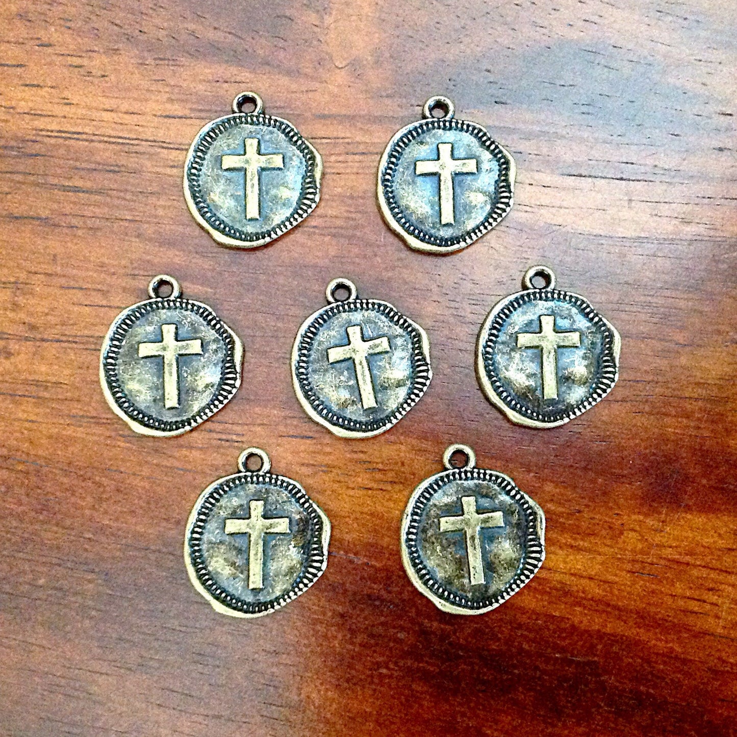 40pcs, Hammered Cross Charms, Bronze Cross Charms, Round Cross Charms, Bronze Cross Pendants, Disc Cross Charms, Coin Cross Charms, Findings