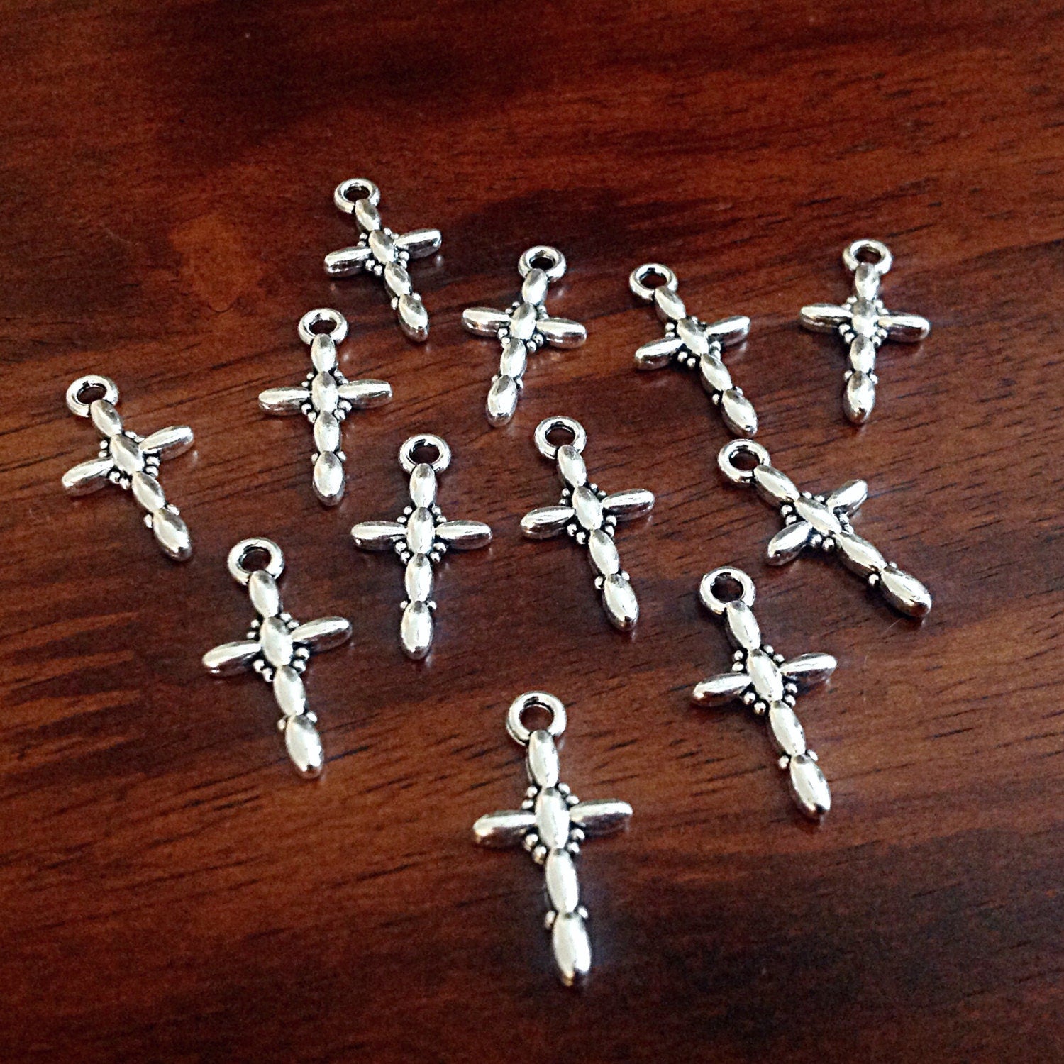 15 Silver Cross Charms, Antique Silver Charms, Cross Charms, Rosary Cross Charms, Double Sided Cross Charms, Fancy Cross Charms, Findings