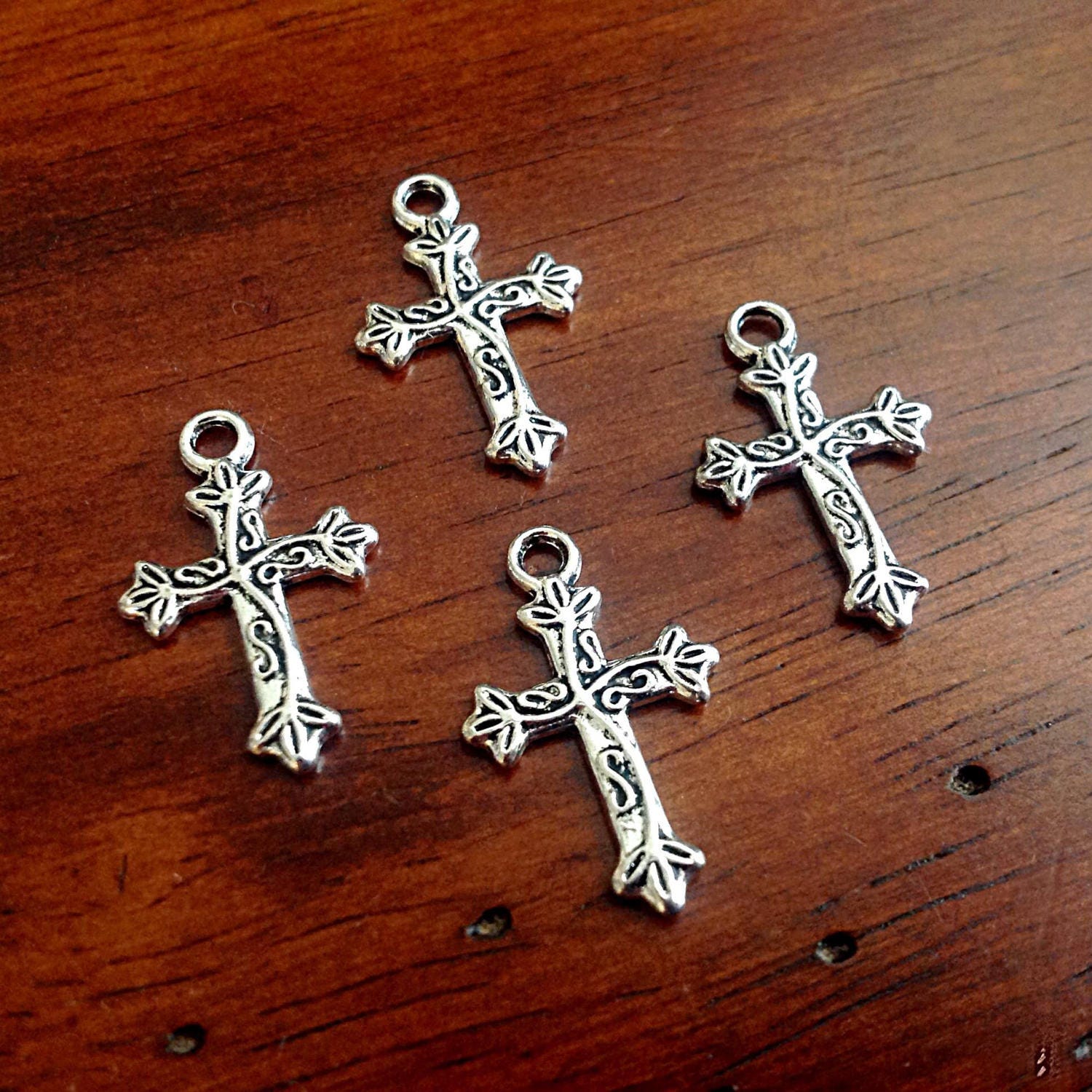 15 Silver Cross Charms, Antique Silver Charms, Cross Charms, Rosary Cross Charms, Double Sided Cross Charms, Fancy Cross Charms, Findings