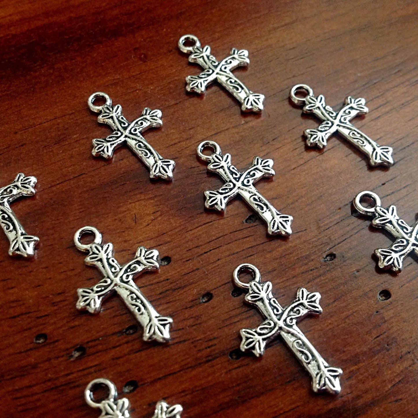 15 Silver Cross Charms, Antique Silver Charms, Cross Charms, Rosary Cross Charms, Double Sided Cross Charms, Fancy Cross Charms, Findings