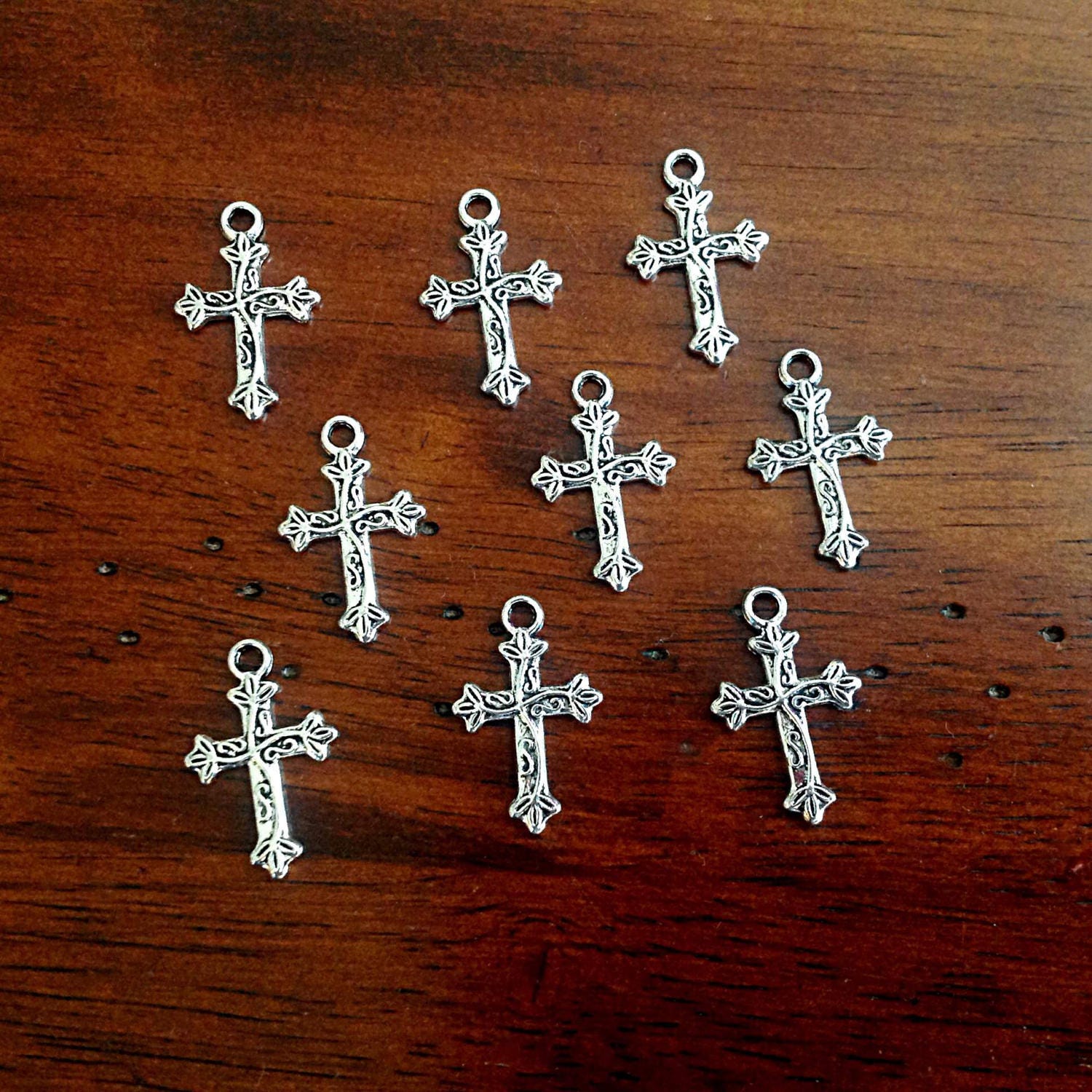 15 Silver Cross Charms, Antique Silver Charms, Cross Charms, Rosary Cross Charms, Double Sided Cross Charms, Fancy Cross Charms, Findings