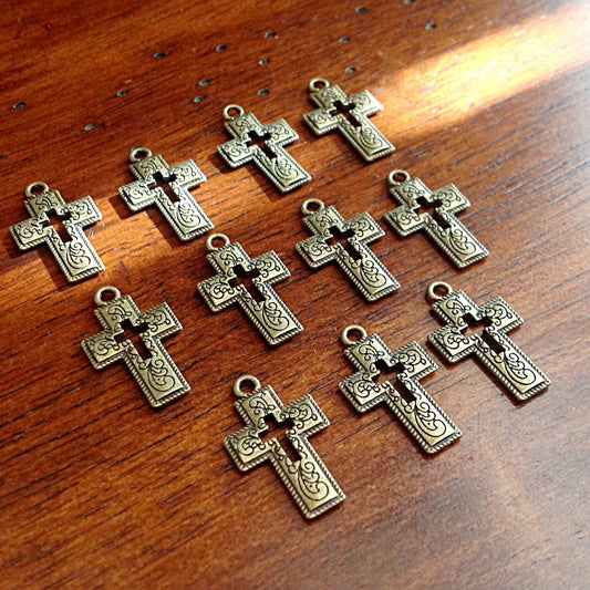 Bulk 25 Cross Charms, Antique Bronze Charms, Hollow Cross Charms, Inside Cross, Double Sided Cross, Findings, Craft and Jewelry Supplies