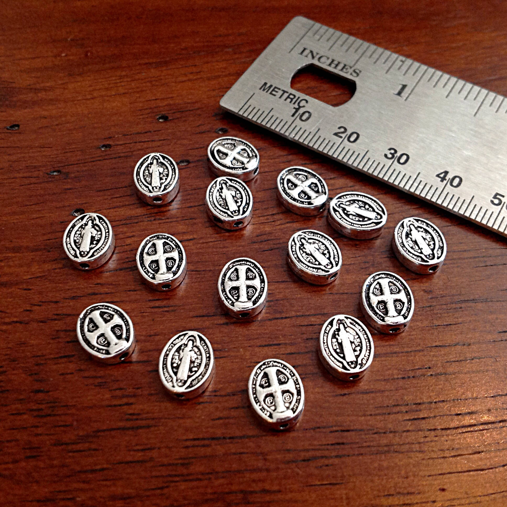 25 Saint Benedict Spacer Beads, Flat Oval Shaped Saint Benedict Spacer Charms, Devil Chasing Medal, Protection Against Evil Amulet, Findings