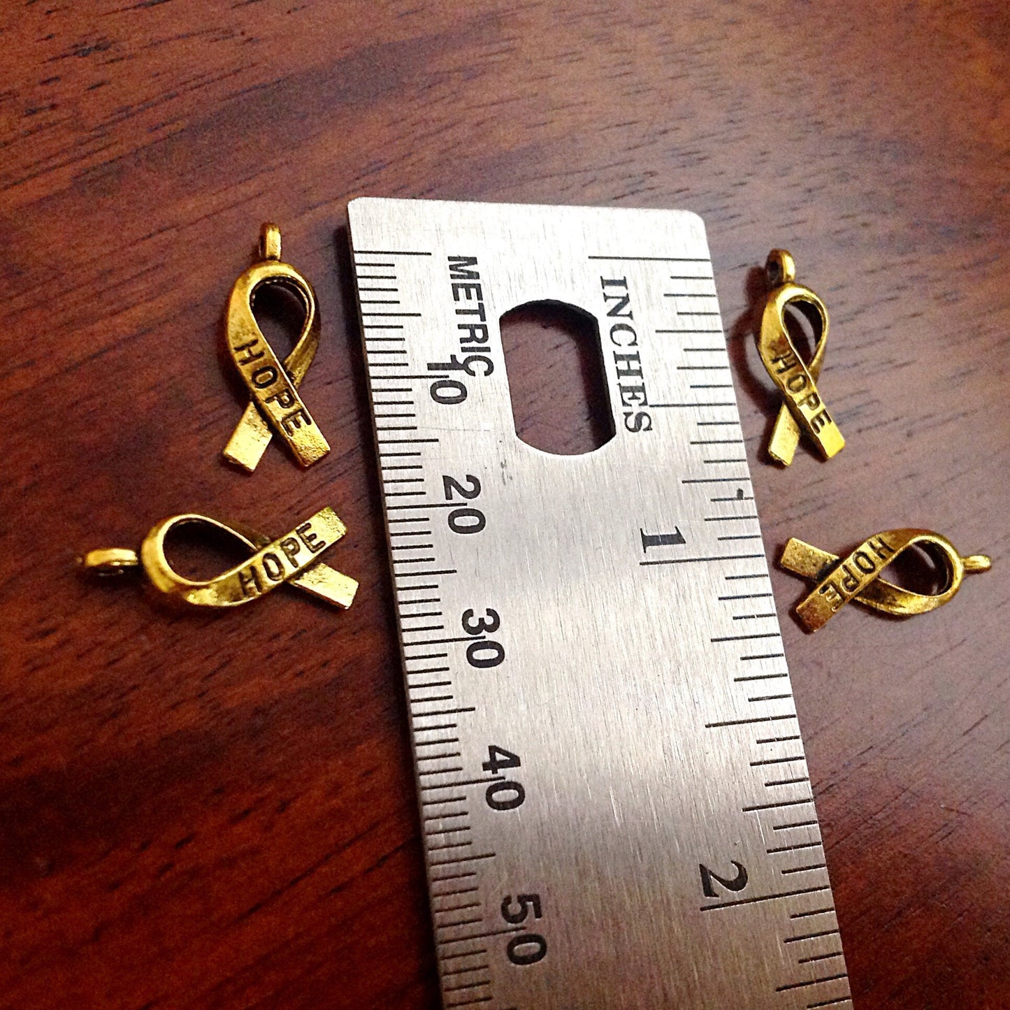 Bulk 50 Hope Ribbon Charms, Antique Gold Charms, Ribbon Charms, Hope Ribbon Charms, Awareness Charms, Jewelry and Craft Supplies, Findings