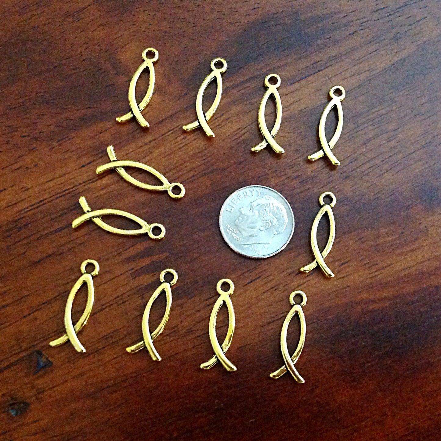 25pcs Gold Ribbon Charms, Jesus Fish Charms, Gold Tone Ribbon Charms, Hope Charms, Gold Ribbon Awareness Charms, Findings