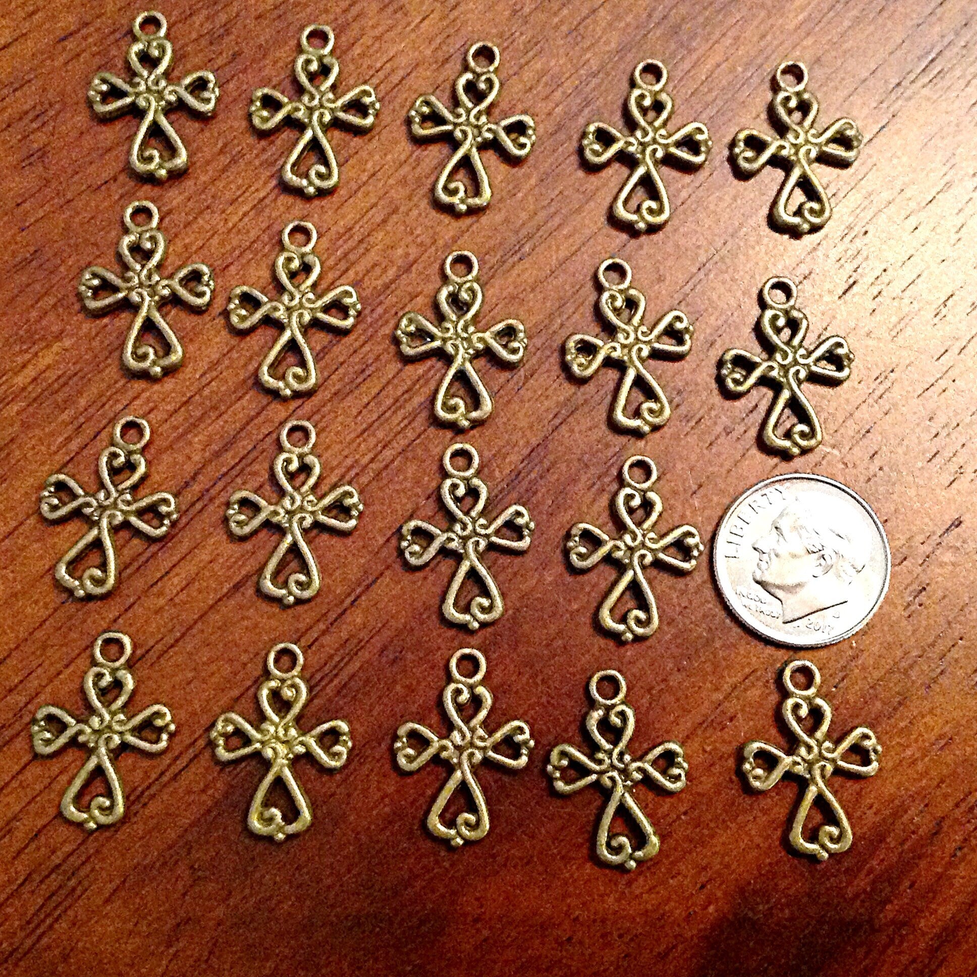 25pcs Bronze Cross Charms, Antique Bronze Charms, Fancy Cross Charms, Inside Cross, Double Sided Cross, Findings, Craft and Jewelry Supplies