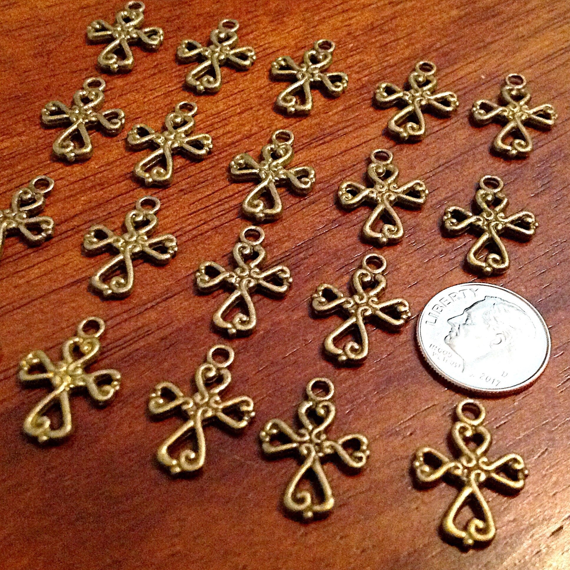 25pcs Bronze Cross Charms, Antique Bronze Charms, Fancy Cross Charms, Inside Cross, Double Sided Cross, Findings, Craft and Jewelry Supplies