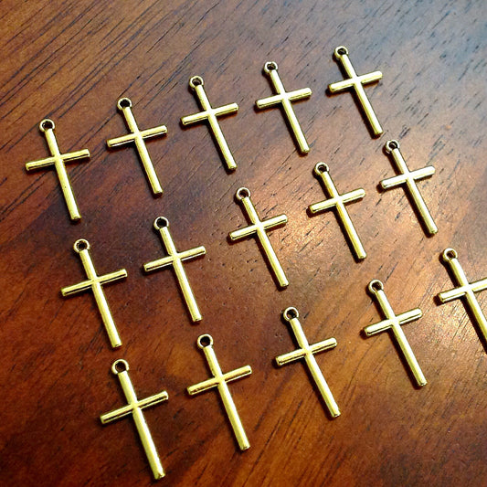 15pcs Gold Cross Charms, Antique Gold Cross Charm, Crucifix Charms, Thin Cross Charms, Gold Cross Pendants, Findings and Jewelry Supplies