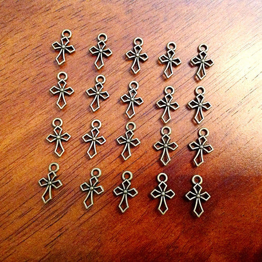 25pcs, Tiny Cross Charms, Bronze Cross Charms, Fancy Cross Charms, Inside Cross, Double Sided Cross, Findings and Jewelry Supplies