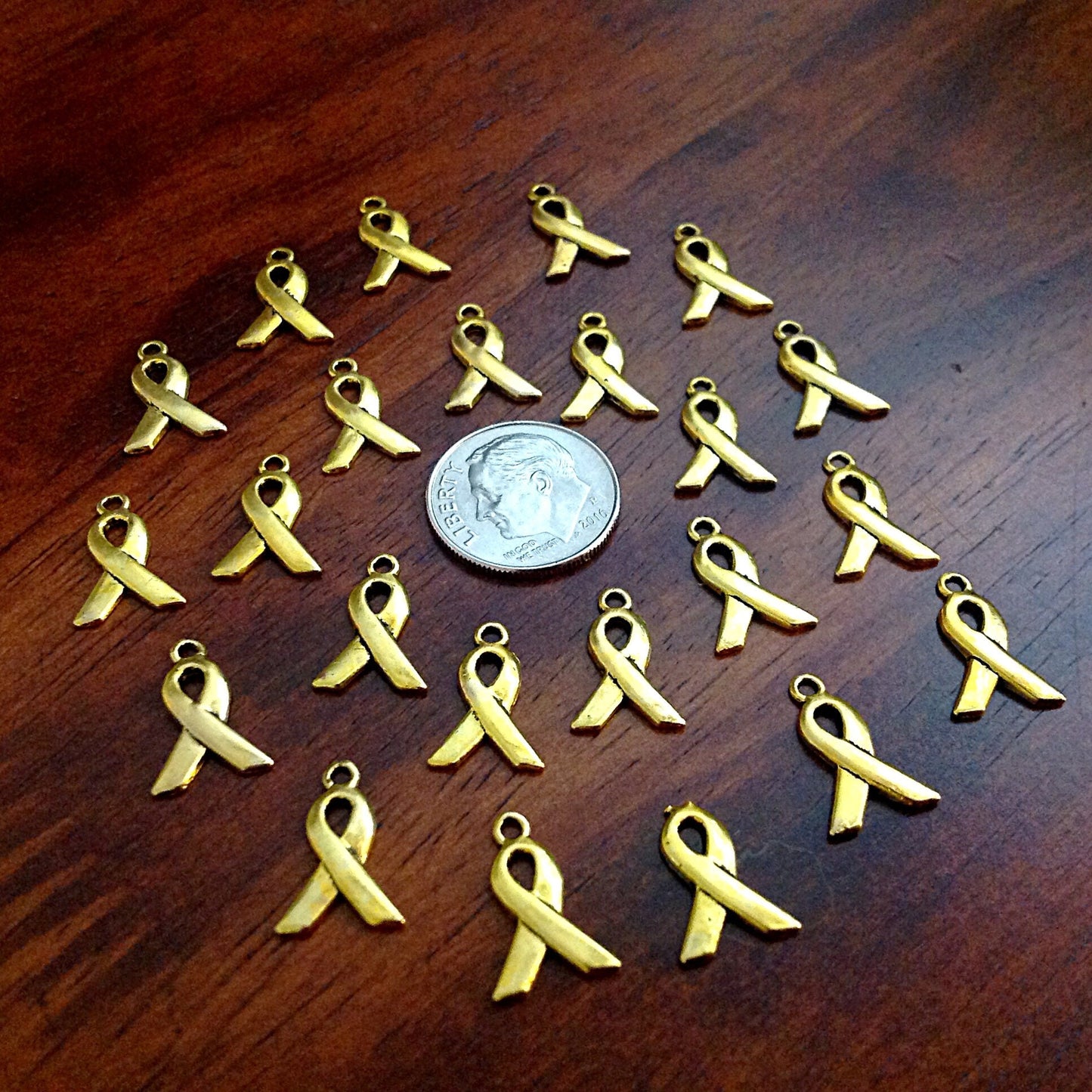 Bulk 50 Tiny Ribbon Charms, Antique Gold Charms, Ribbon Charms, Hope Ribbon Charms, Awareness Charms, Jewelry and Craft Supplies, Findings