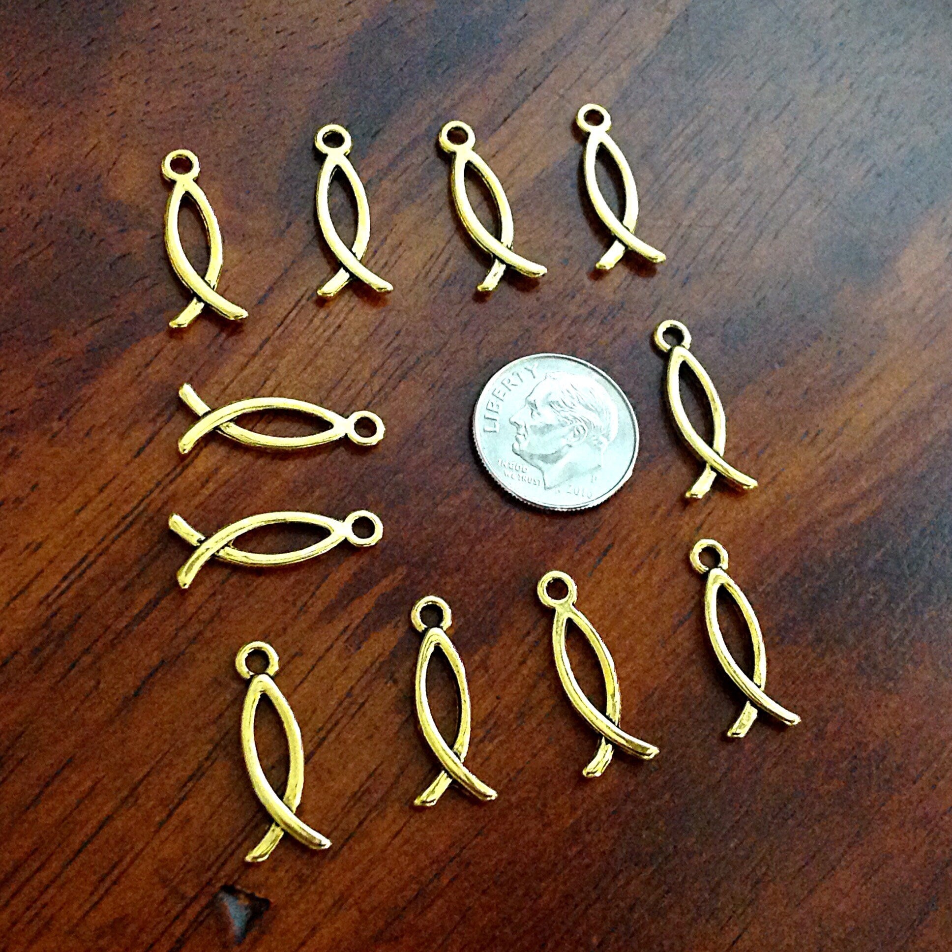 25pcs Gold Ribbon Charms, Jesus Fish Charms, Gold Tone Ribbon Charms, Hope Charms, Gold Ribbon Awareness Charms, Findings
