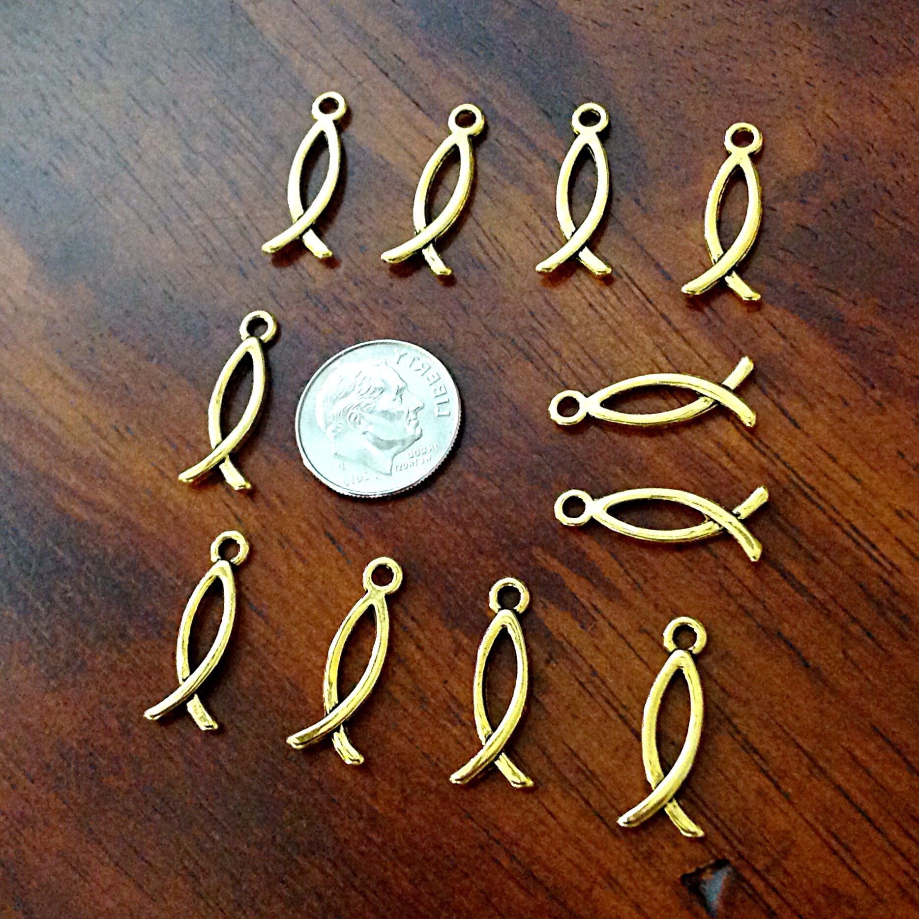 40pcs, Gold Ribbon Charms, Hope Charms, Jesus Fish Charms, Gold Tone Hope Charms, Gold Ribbon Awareness Charms, Findings