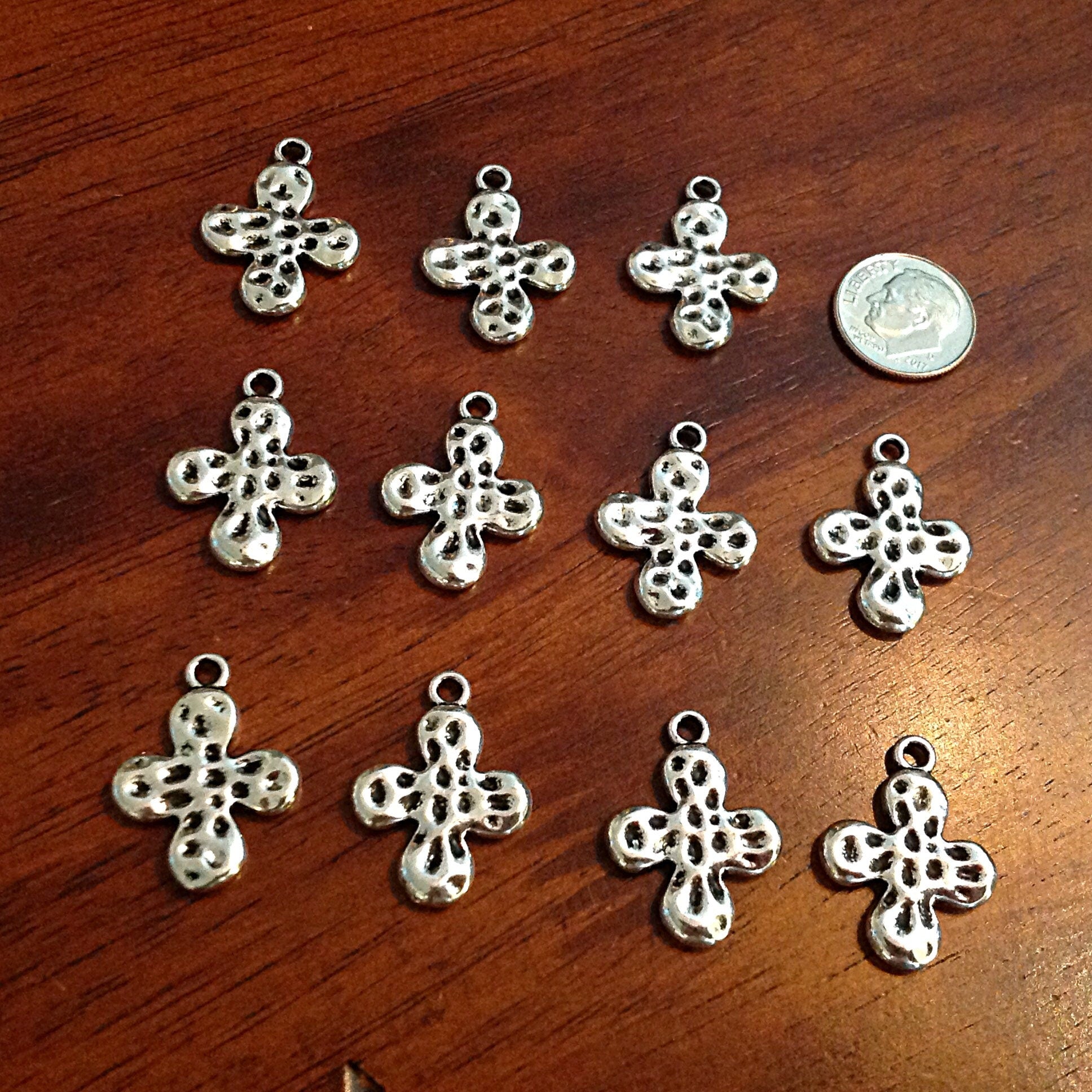 Bulk 20 Cross Charms, Antique Silver Charms, Silver Cross Pendant, Bubble Cross Charms, Double Sided Cross, Findings and Jewelry Supplies