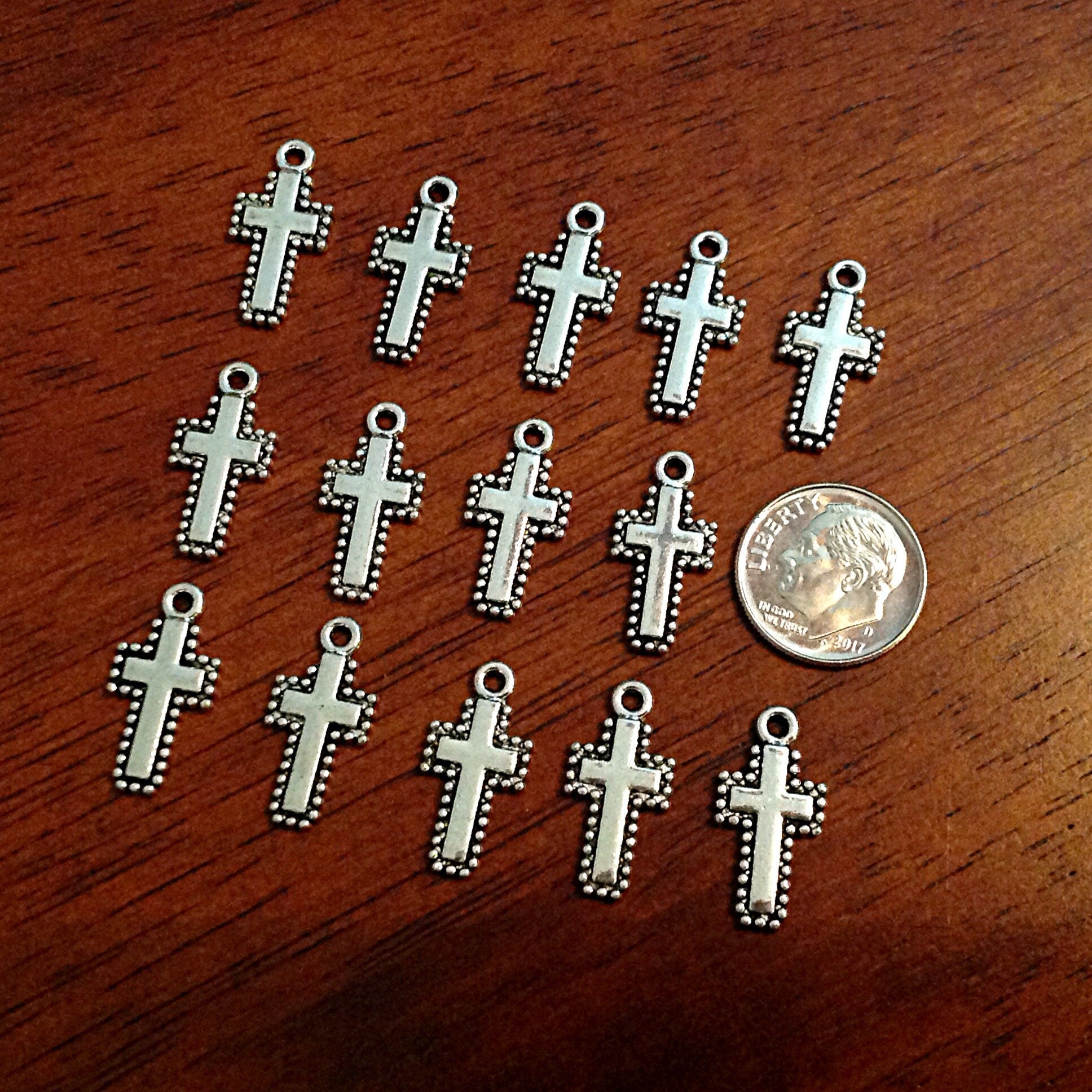 50pcs, Cross Charms, Antique Silver Charms, Silver Cross Charms, Rosary Cross Charms, Rosary Parts, Double Sided Cross Charms, Findings