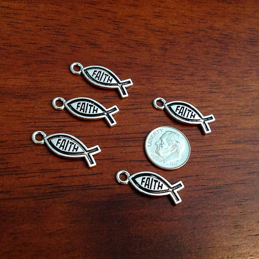 Bulk 25 Faith Charms, Antique Silver Charms, Silver Fish Charms, Silver Ribbon Charms, Silver Faith Charms, Findings and Jewelry Supplies