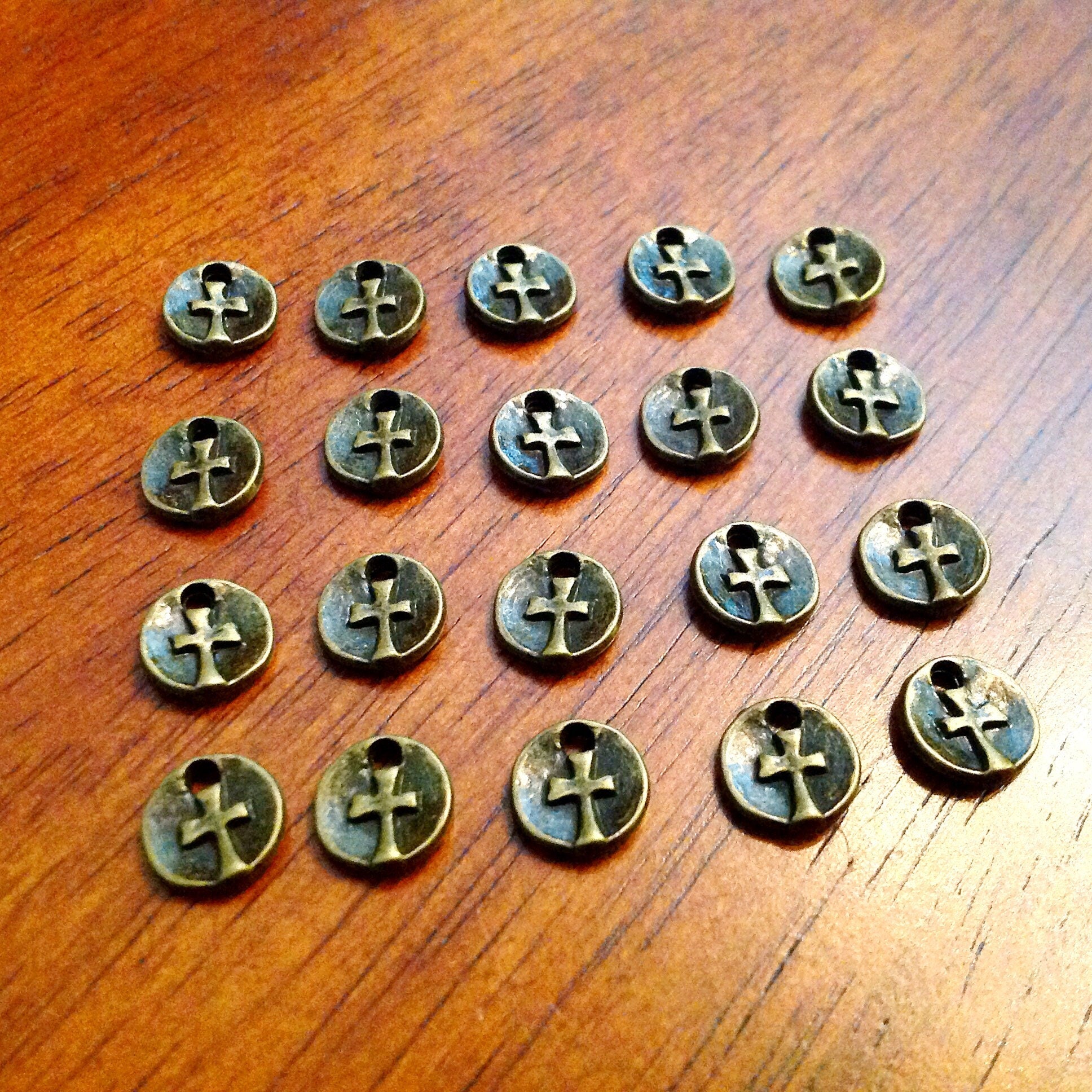 50pcs, Cross Charms, Round Cross Charms, Bronze Cross Charms, Tiny Cross Charms, Rosary Charms, Double Sided Charms, Findings