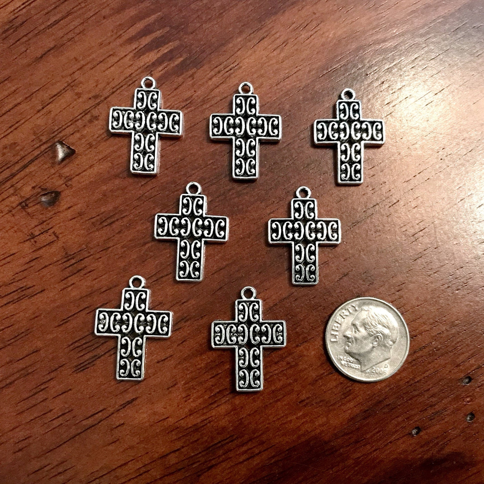 25pcs, Cross Charms, Inside Cross Charms, Small Silver Cross Charms, Fancy Cross Charms, Puffed Cross Charms, Double Sided Cross, Findings