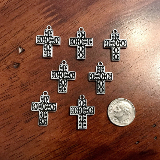 25pcs, Cross Charms, Inside Cross Charms, Small Silver Cross Charms, Fancy Cross Charms, Puffed Cross Charms, Double Sided Cross, Findings