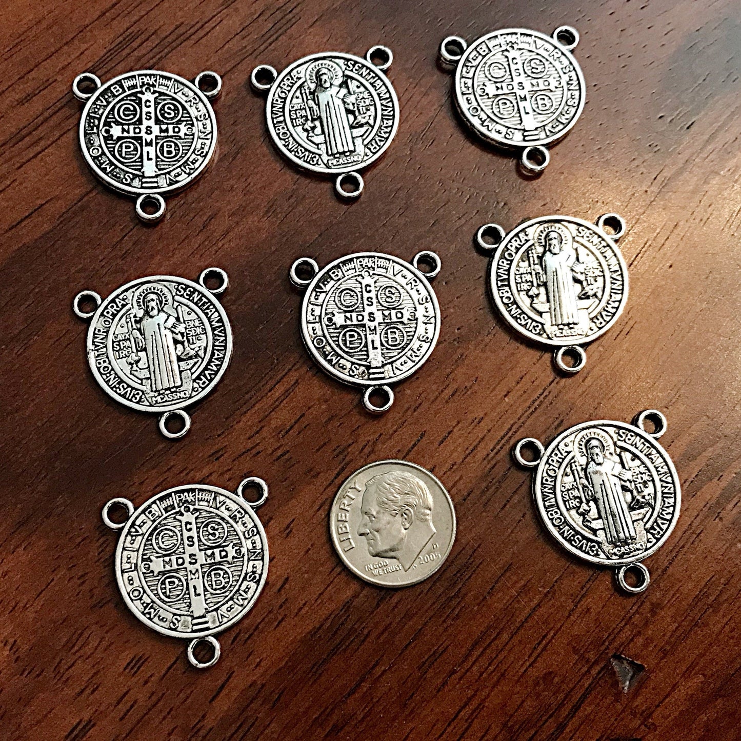 15pcs, St Benedict Connector Charms, 3 Loop Rosary Connectors, Saint Benedict Charms, Rosary Centers, St Benedict Medals, Catholic Charms