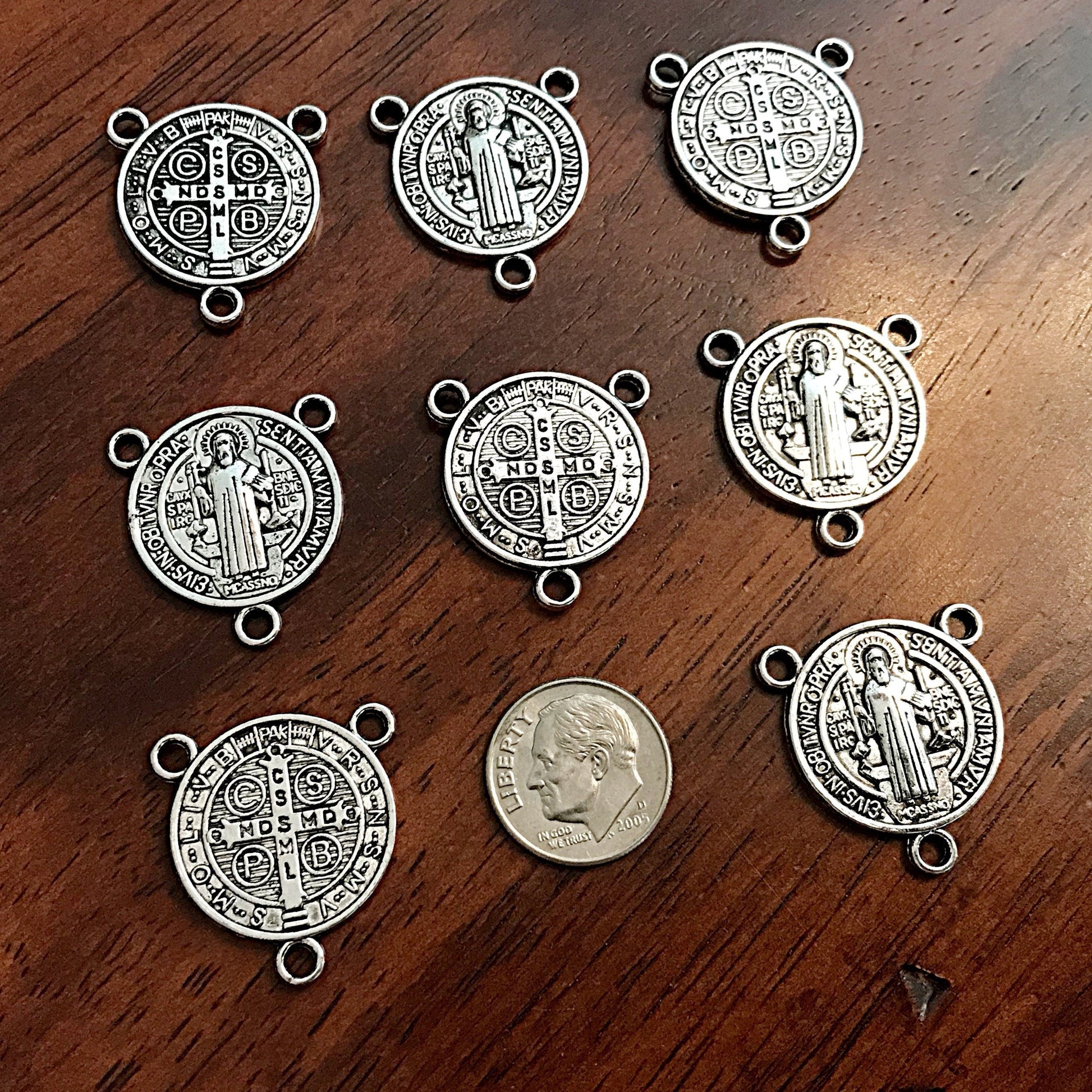 15pcs, St Benedict Connector Charms, 3 Loop Rosary Connectors, Saint Benedict Charms, Rosary Centers, St Benedict Medals, Catholic Charms
