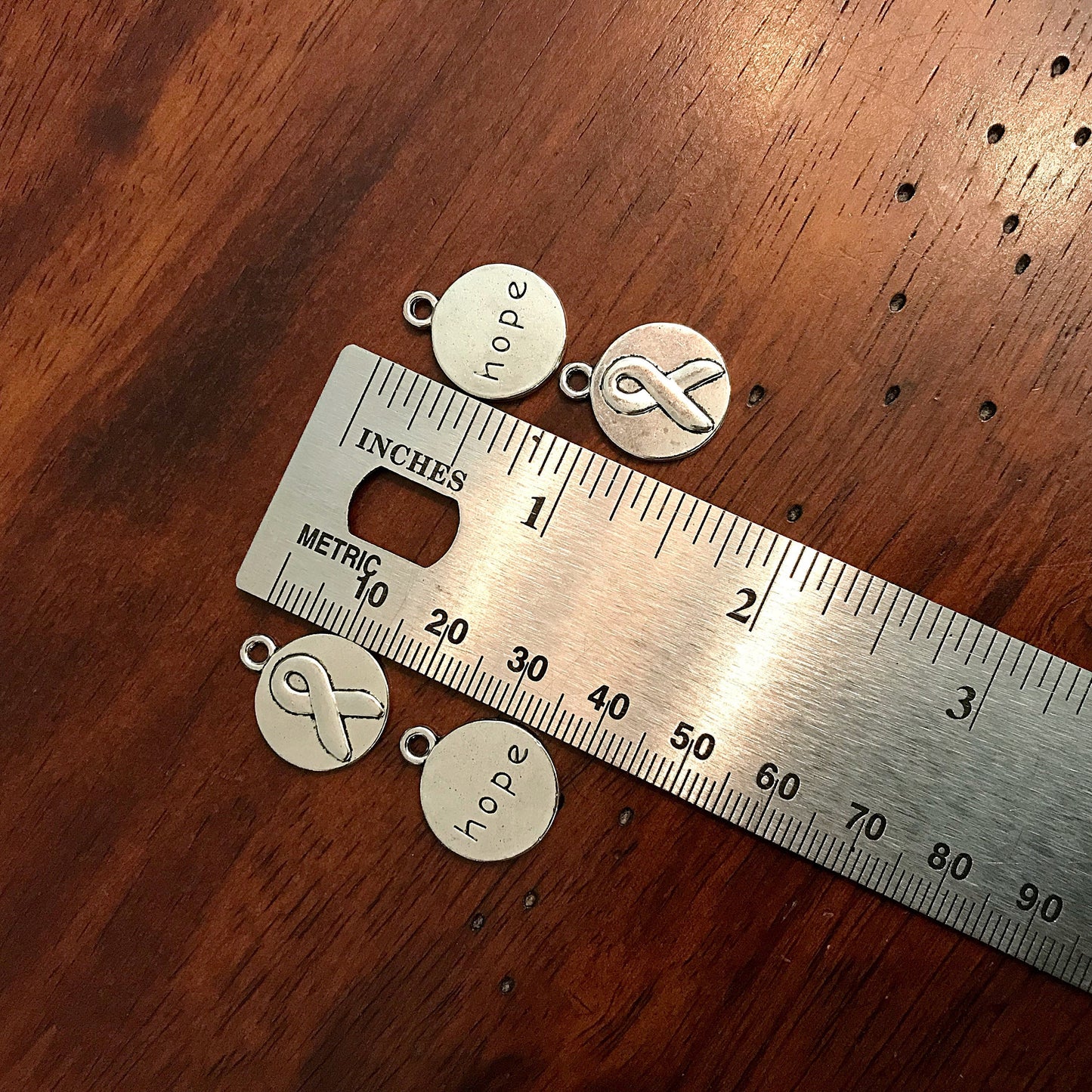 20 Hope Ribbon Charms, Antique Silver Charms, Cancer Awareness Charms, Hope Charms, Ribbon Charms, Round Hope Pendants, Findings