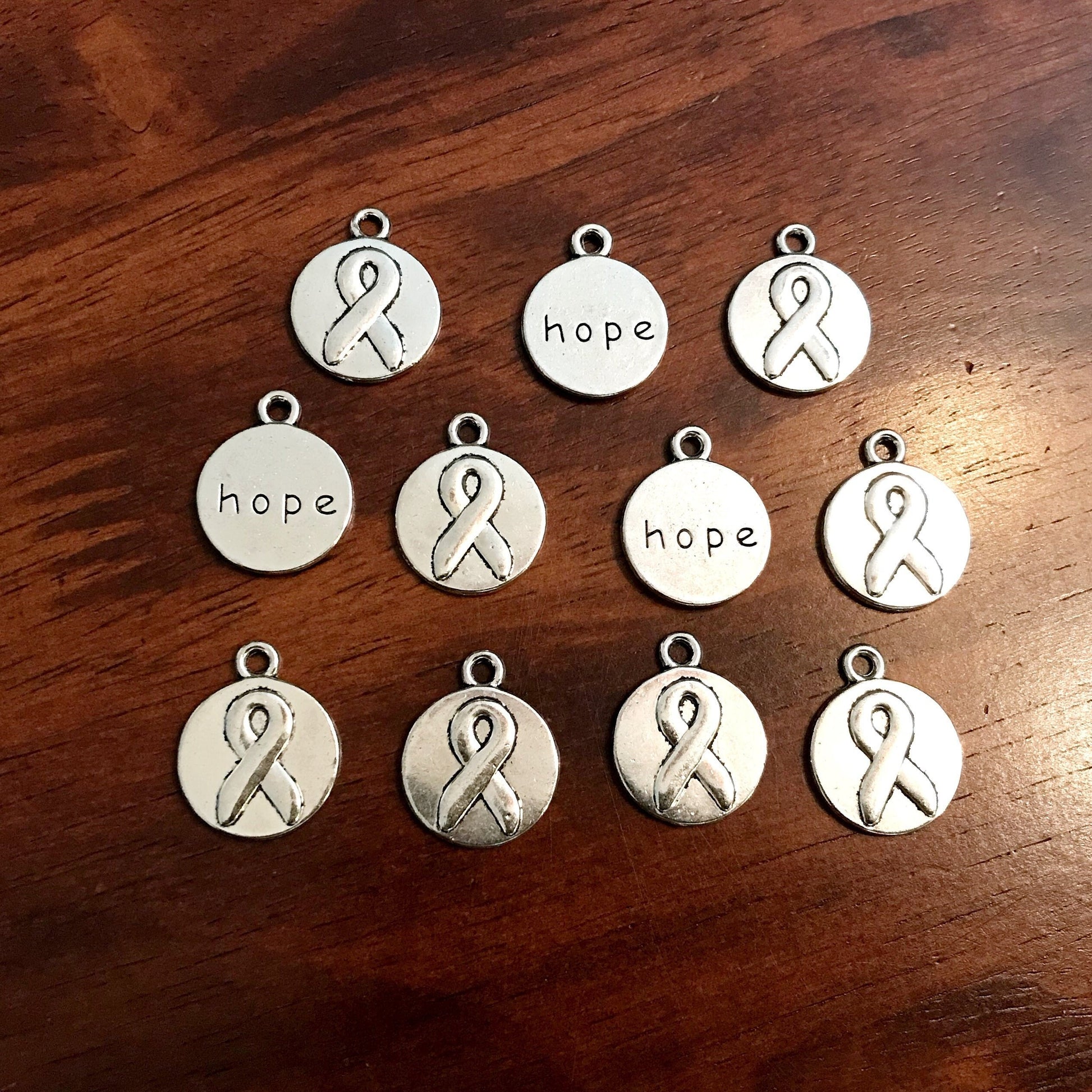 20 Hope Ribbon Charms, Antique Silver Charms, Cancer Awareness Charms, Hope Charms, Ribbon Charms, Round Hope Pendants, Findings